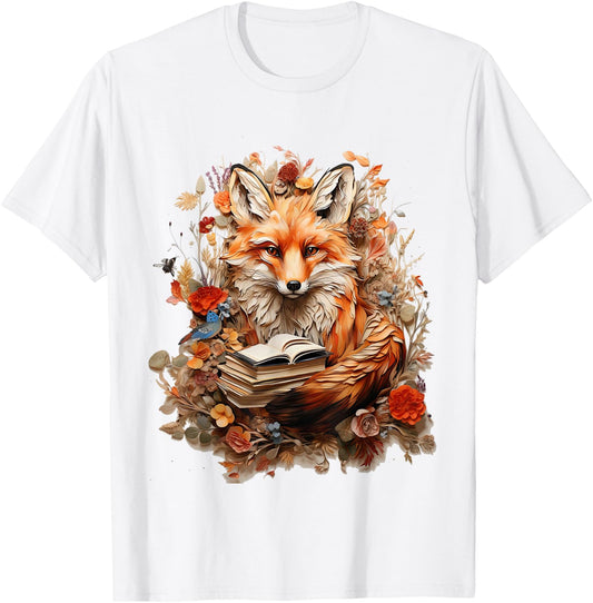 Cottagecore Aesthetic Fox with Book Reading Goblincore T-Shirt - T-Shirt | White