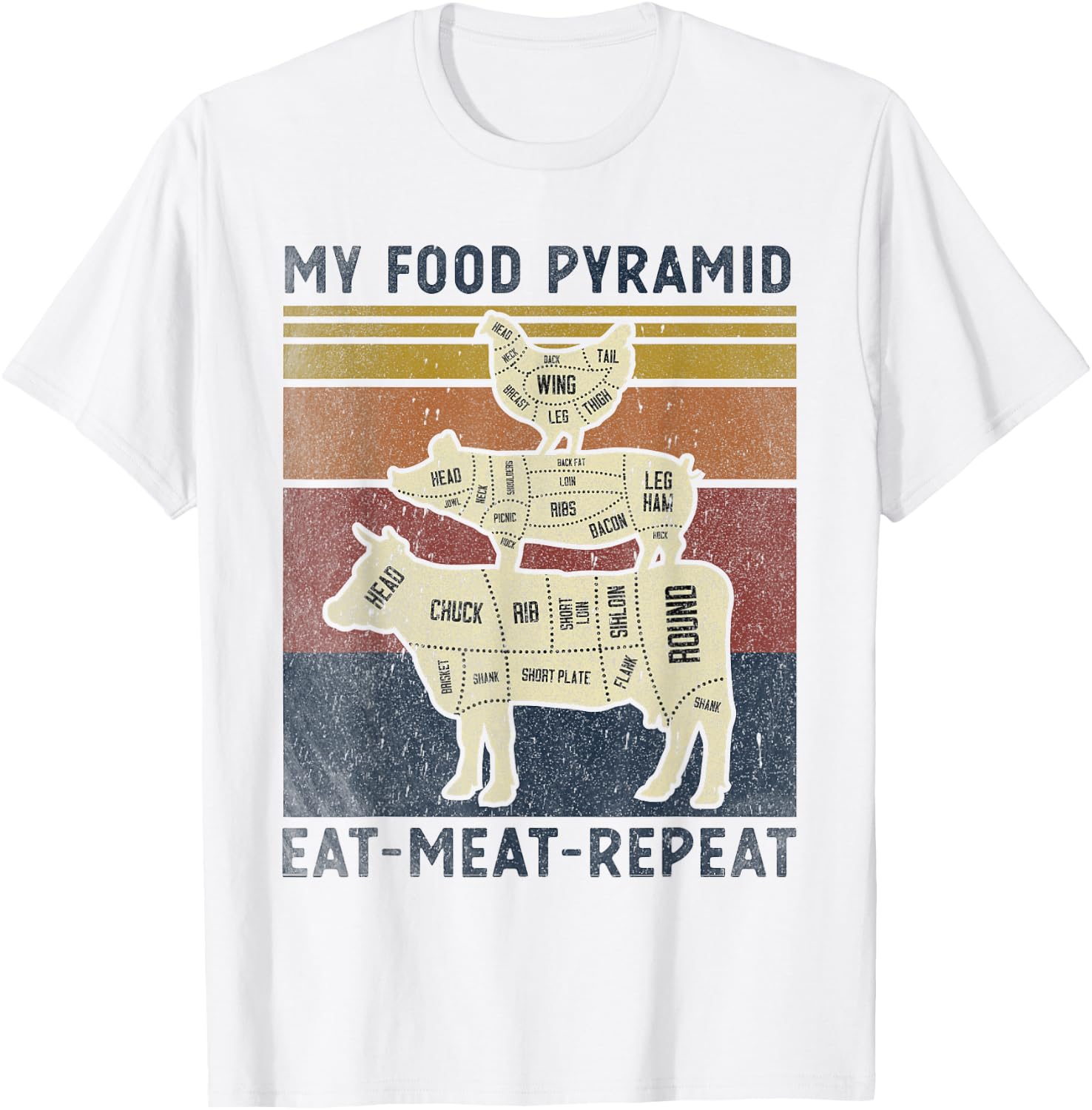 My Food Pyramid Eat Meat Repeat Retro Vintage Funny BBQ Joke T-Shirt - T-Shirt | White