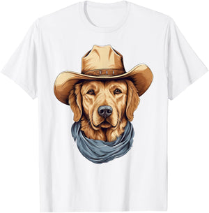 Golden Retriever Dog in Cowboy Hat Golden Retriever Lovers T-Shirt - T-Shirt | White