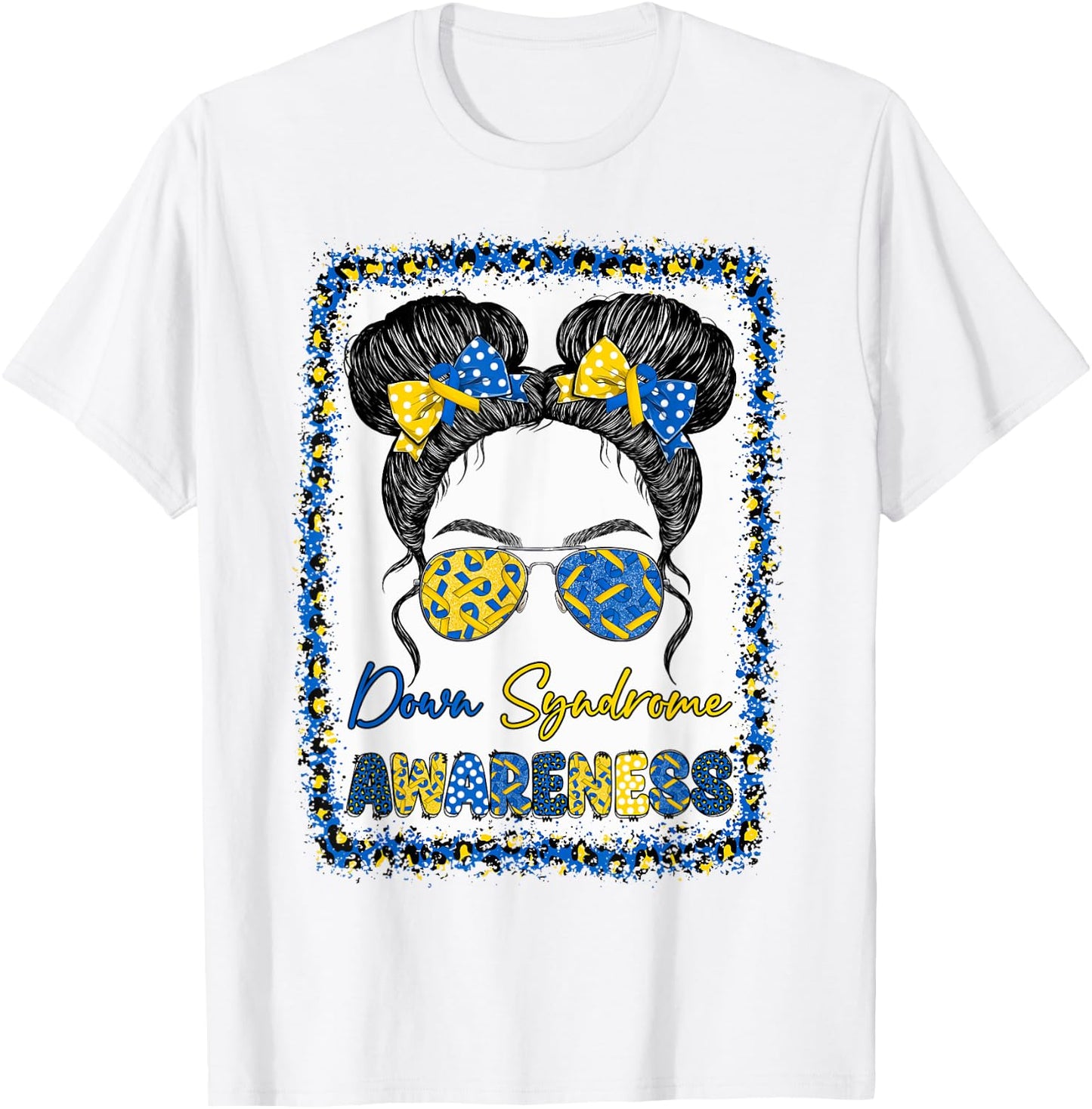 Messy Bun Girl Yellow Blue Bow Ties Sunglasses Down Syndrome T-Shirt - T-Shirt | White