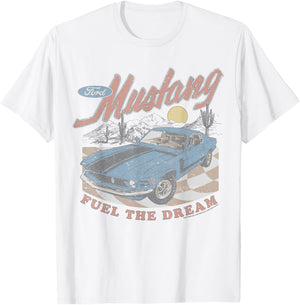 Ford - Mustang Fuel The Dream Blue Car In Desert Landscape T-Shirt - T-Shirt | White