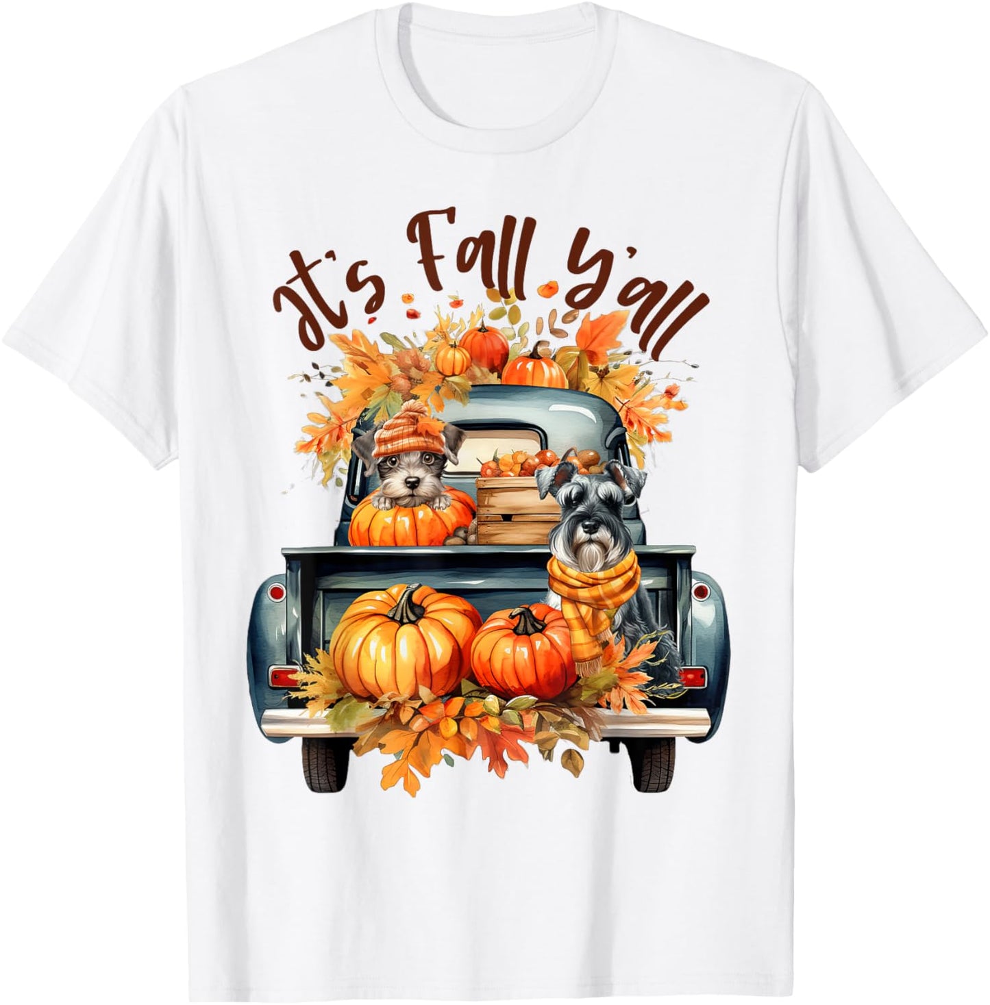 It’s Fall Y’all Miniature Schnauzer Pumpkins Truck Autumn T-Shirt - T-Shirt | White