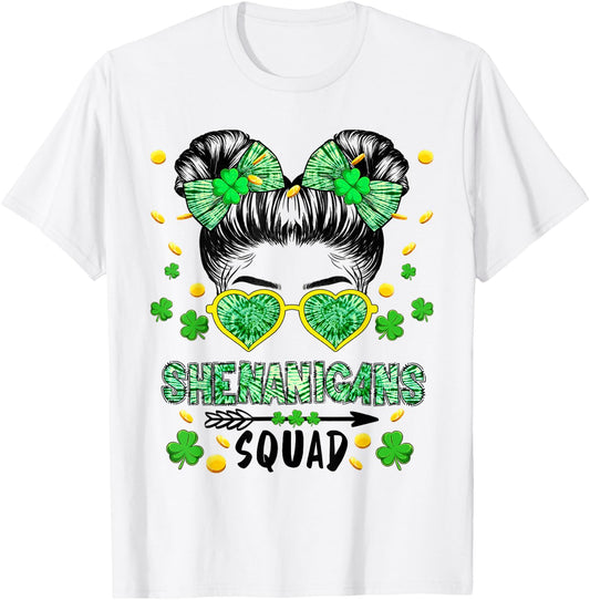 Shenanigans Squad Messy Bun St Patricks Day Girls T-Shirt - T-Shirt | White