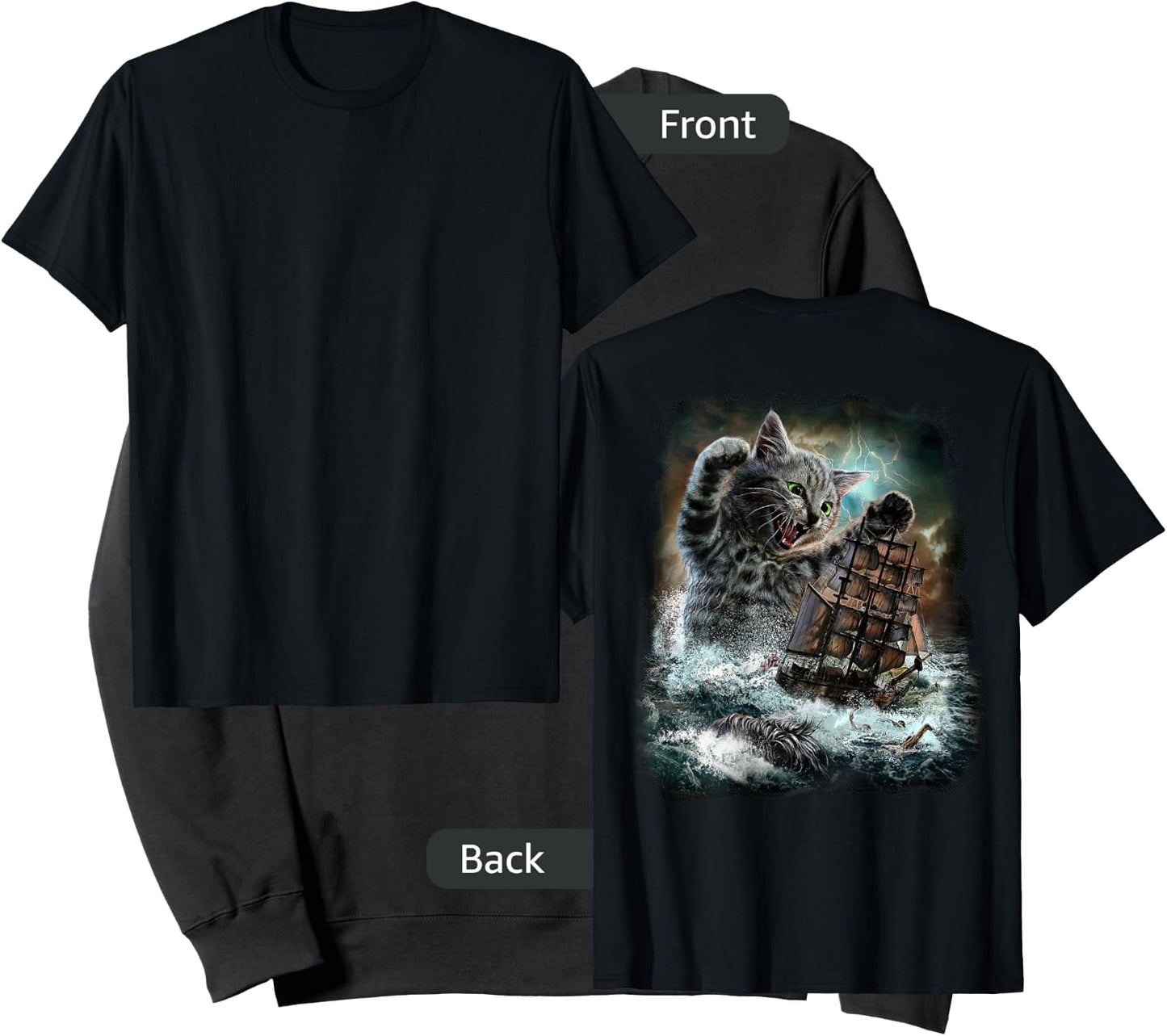 Giant Cat as Kraken Sea Monster Ambush a War Ship in Ocean Sweatshirt - Sweatshirt | Black