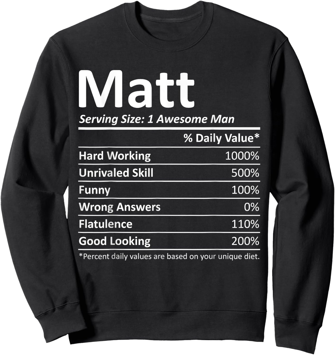 Custom Christmas Father's Day Men Nutrition Facts Matt Nutrition Funny Birthday Personalized Name Gift Sweatshirt - Sweatshirt | Black