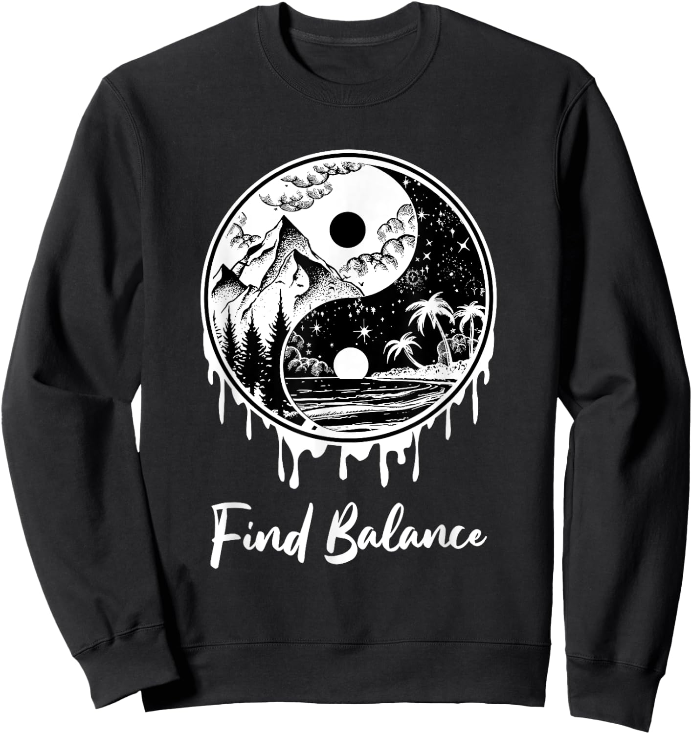 Yin Yang Find Balance Symbol Nature Night Day Mountain Beach Men Women Sweatshirt - Sweatshirt | Black