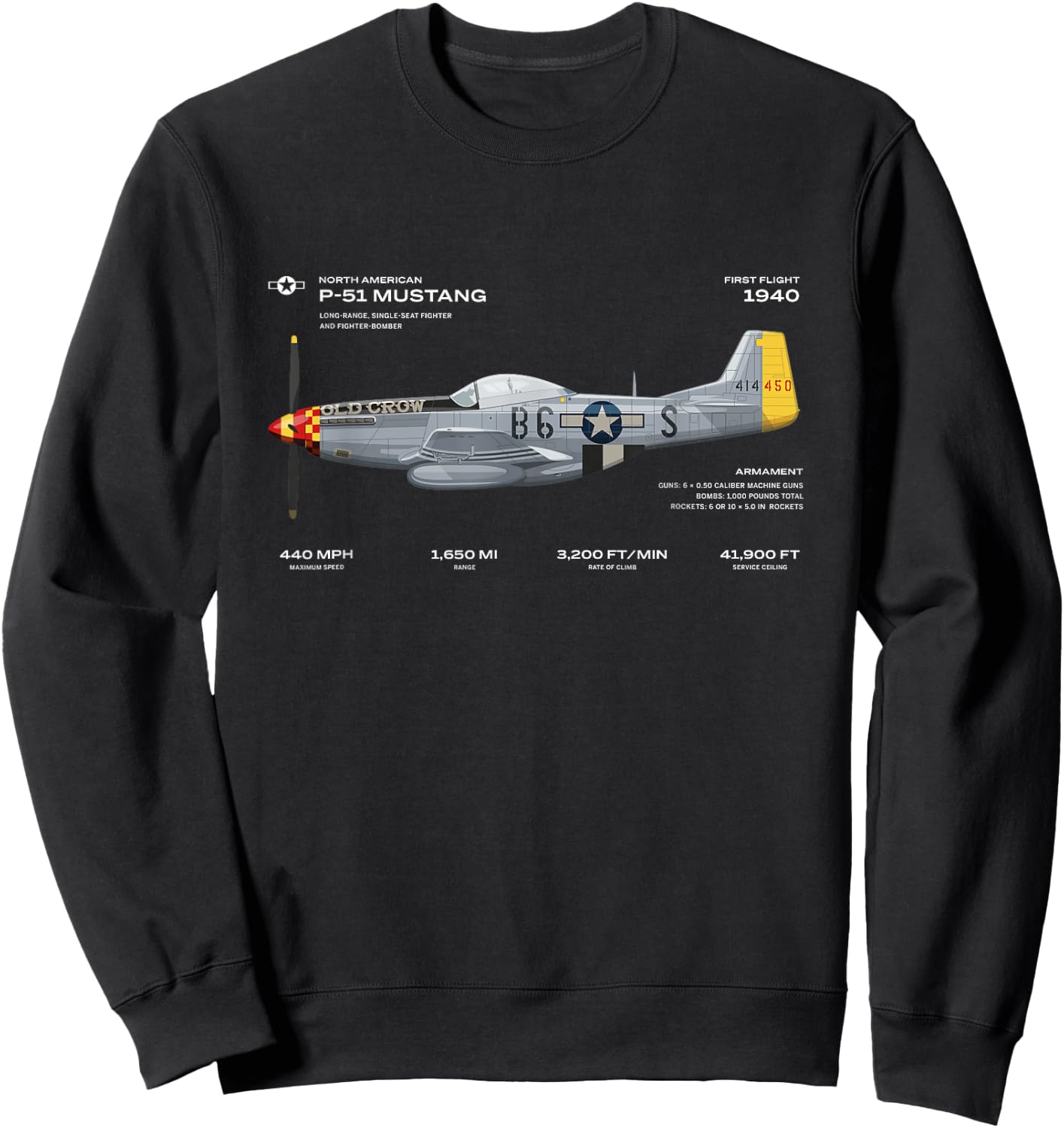 P-51 Mustang WWII Aeroplane Historical Warbird Fighter Sweatshirt - Sweatshirt | Black