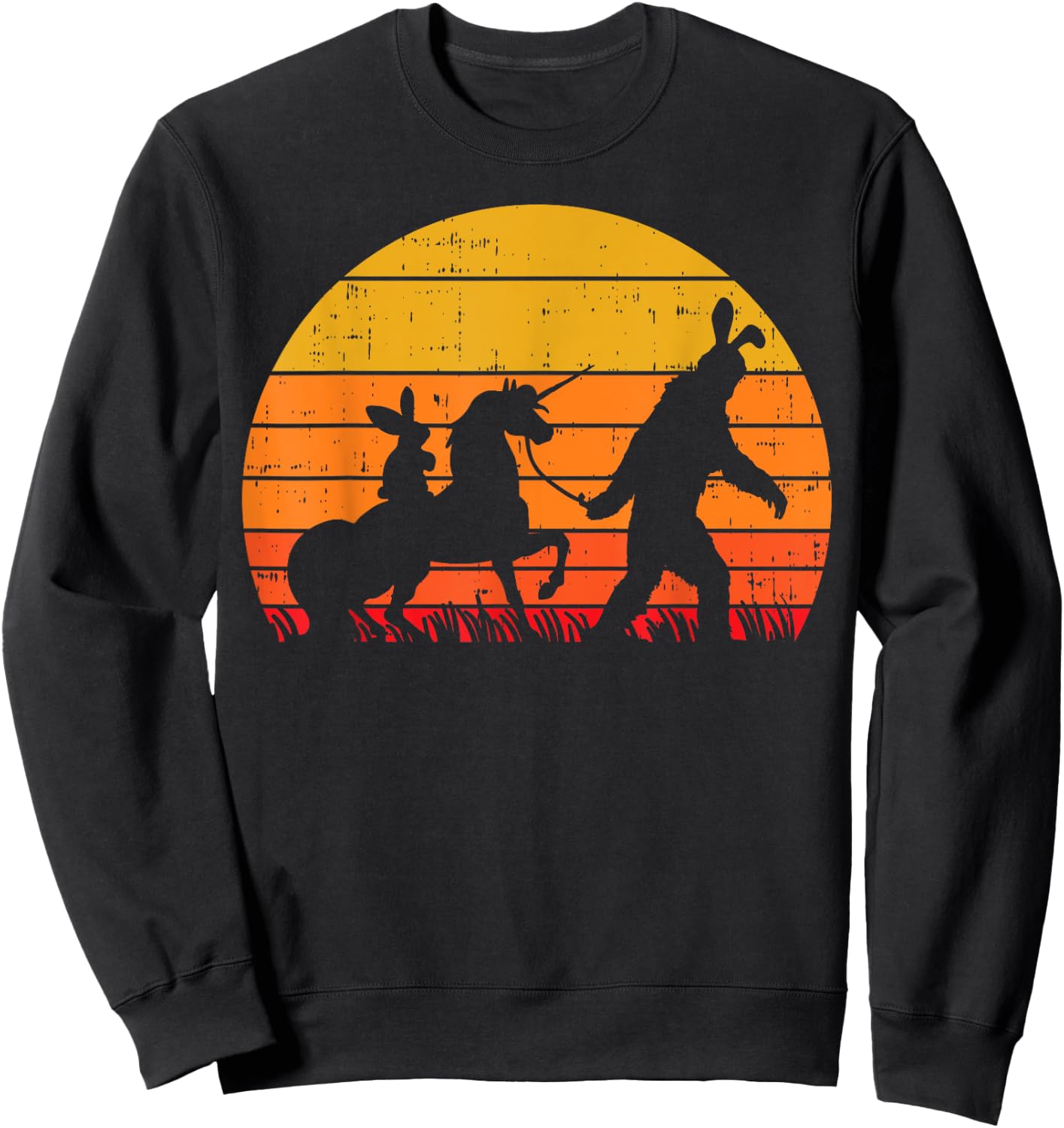 Bigfoot Unicorn Easter Bunny Retro Sunset Funny Beileve Gift Sweatshirt - Sweatshirt | Black