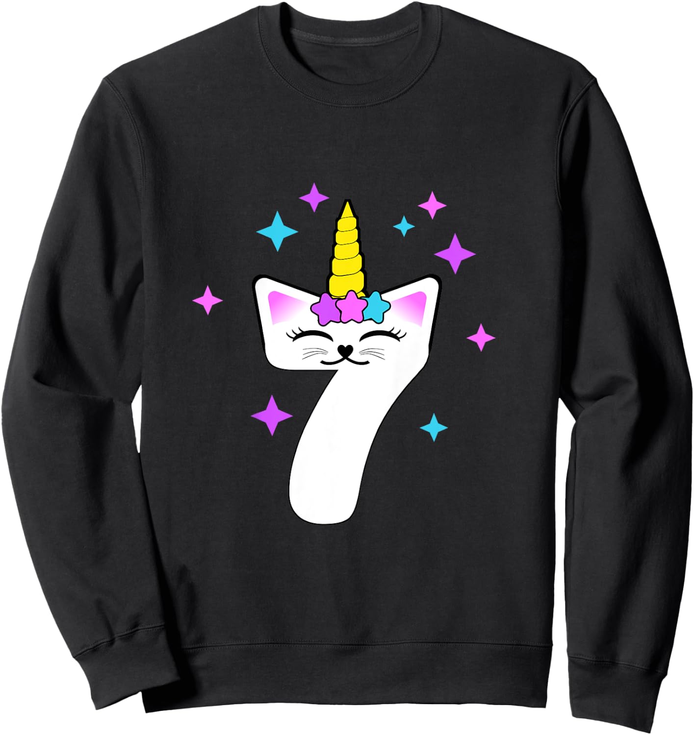 7 Year Old Cat Unicorn Caticorn 7th Birthday Party Girls Sweatshirt - Sweatshirt | Black