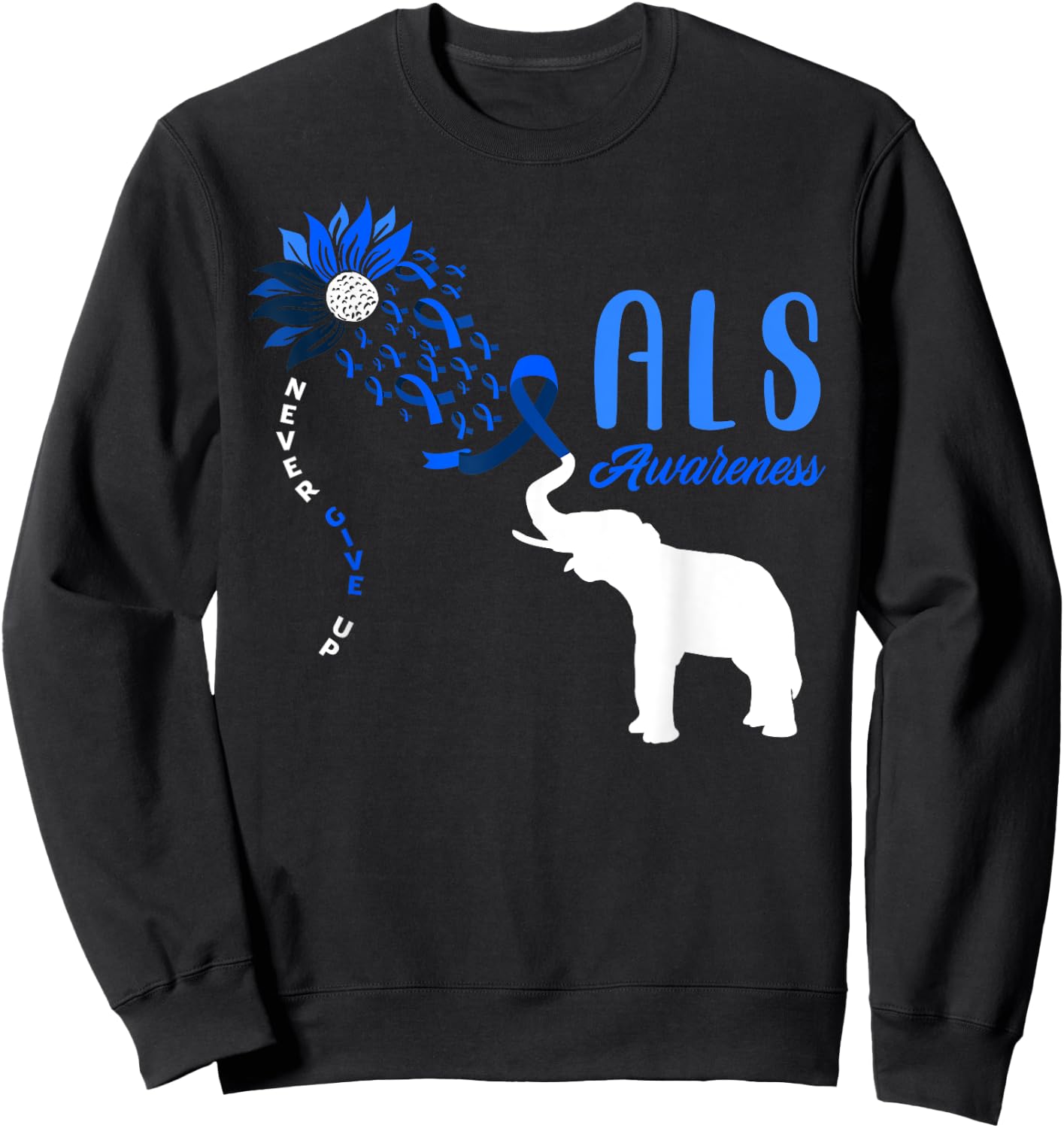 Blue Ribbon Elephant ALS Warrior Support ALS Awareness Sweatshirt - Sweatshirt | Black