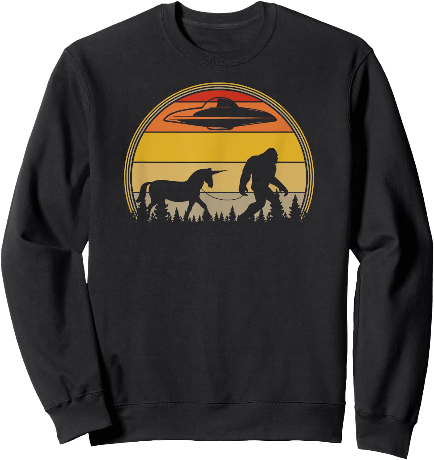 Retro Sunset Unicorns, Aliens, UFOs, Bigfoot Sweatshirt - Sweatshirt | Black