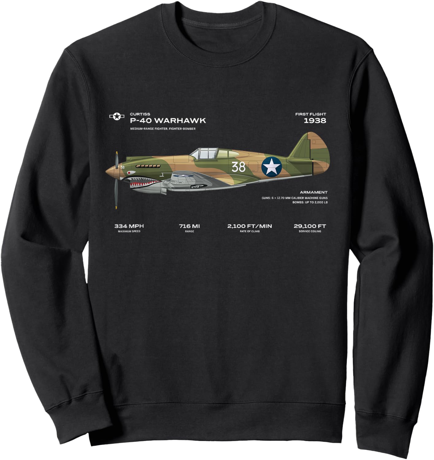 P-40 Warhawk US WWII Airplane Historic War Bird Fighter bomb Sweatshirt - Sweatshirt | Black