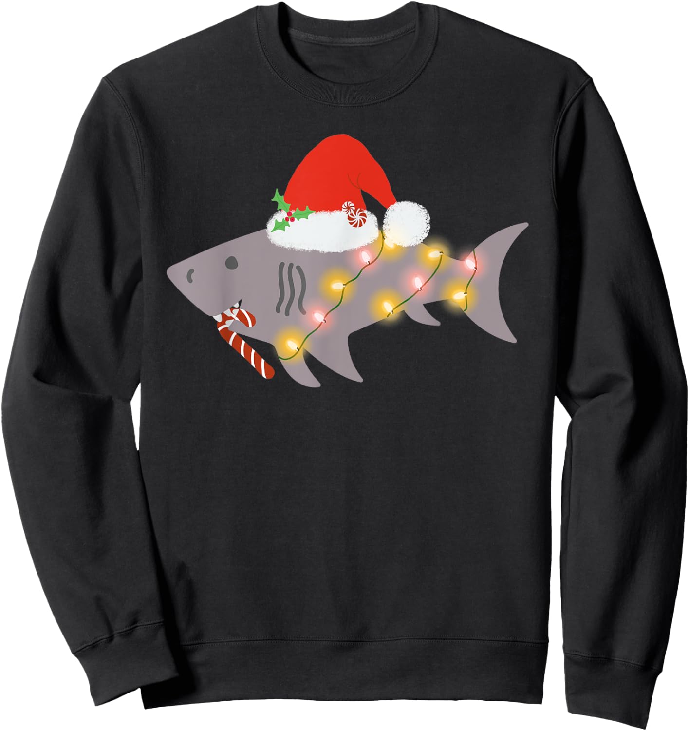 Shark Santa Hat Candy Cane Peppermint Candies Christmas Sweatshirt - Sweatshirt | Black