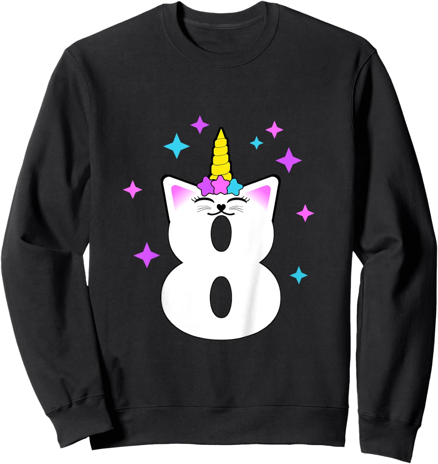 8 Year Old Cat Unicorn Caticorn 8th Birthday Party Girls Sweatshirt - Sweatshirt | Black