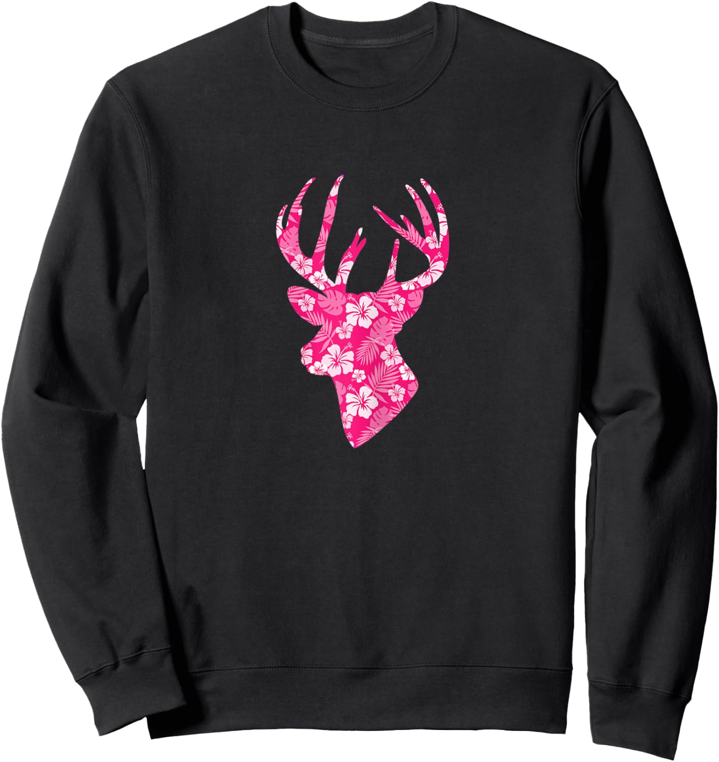 Deer Head Pink Hibiscus Flower Floral Hunting Hunter Sweatshirt - Sweatshirt | Black