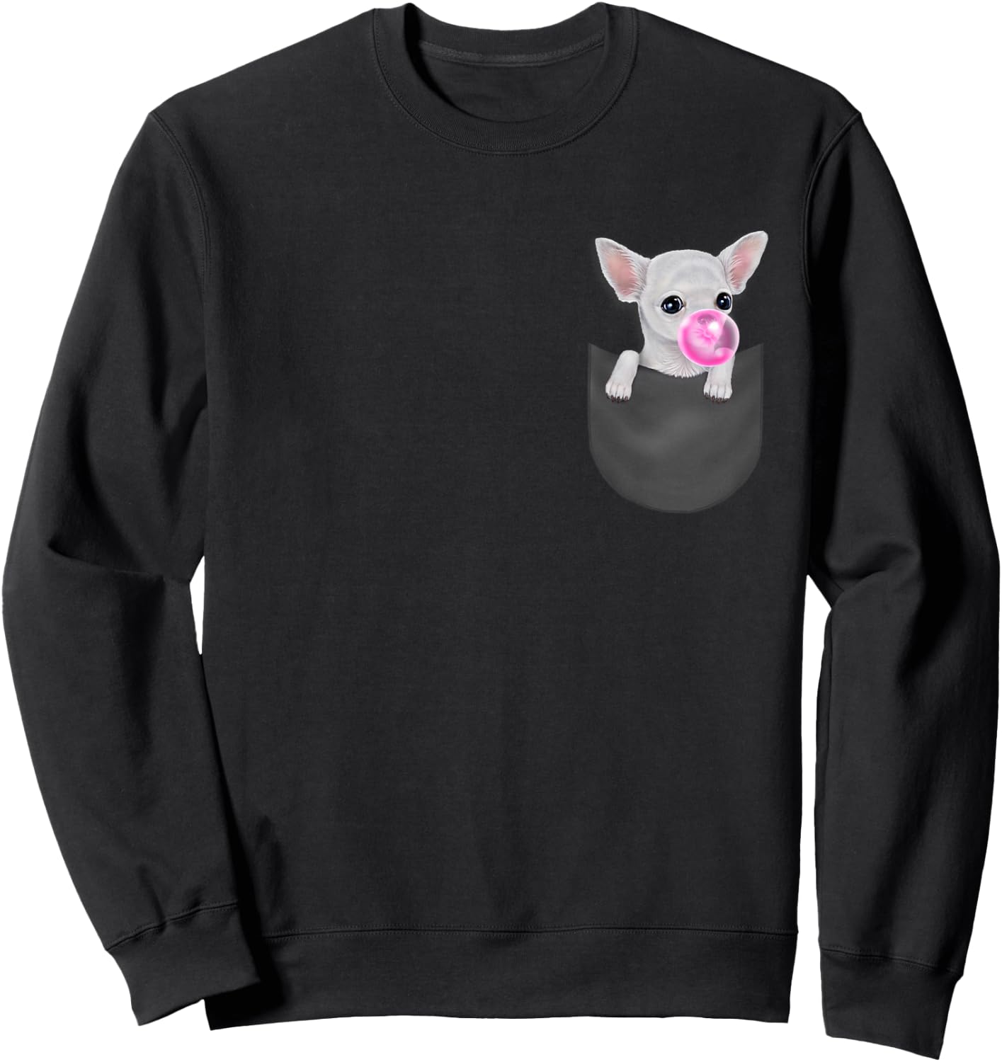 White Chihuahua Dog in Pocket with Bubble Gum Sweatshirt - Sweatshirt | Black