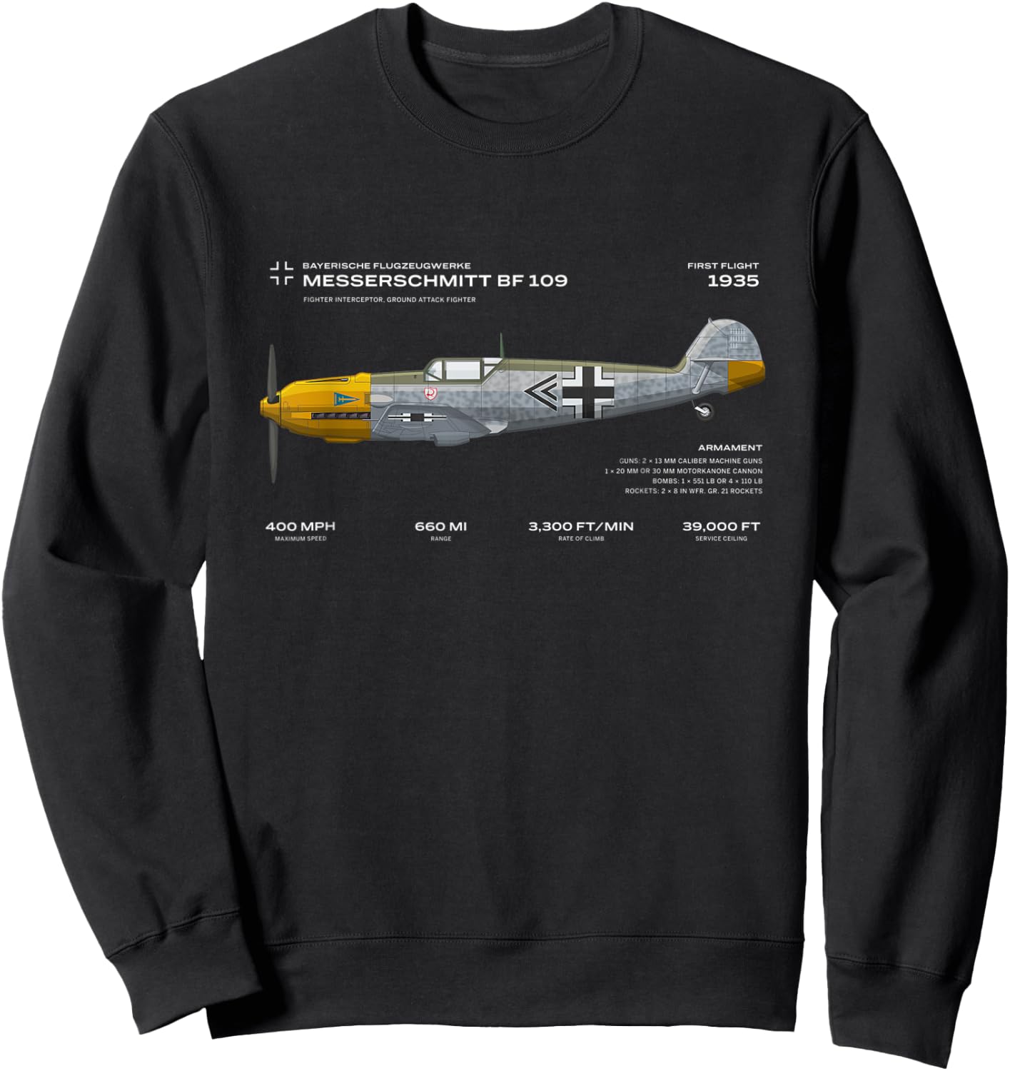 Vae Victis Messerschmitt Bf 109 WWII Airplane Historic War Bird Fighter Sweatshirt - Sweatshirt | Black