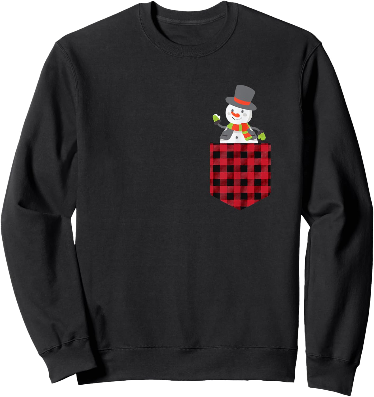 Cute Snowman Inside Buffalo Plaid Pocket Holiday Christmas Sweatshirt - Sweatshirt | Black