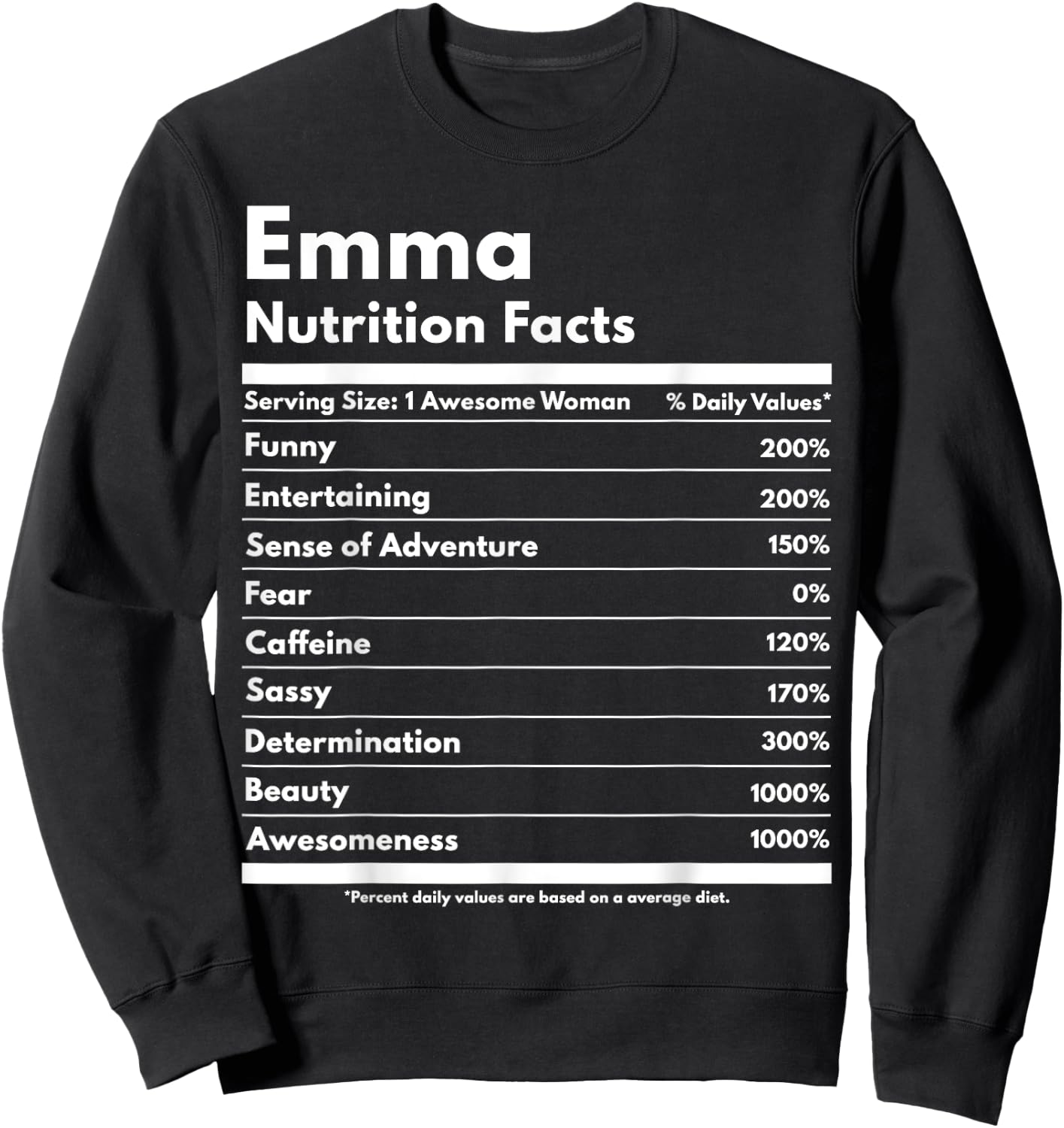 That's My Name Co. Emma Nutrition Facts Gift Funny Personalized Name Emma Black Cotton Polyester Modern Lace Letter Print Short Sleeve Classic Fit Sweatshirt - Sweatshirt | Black