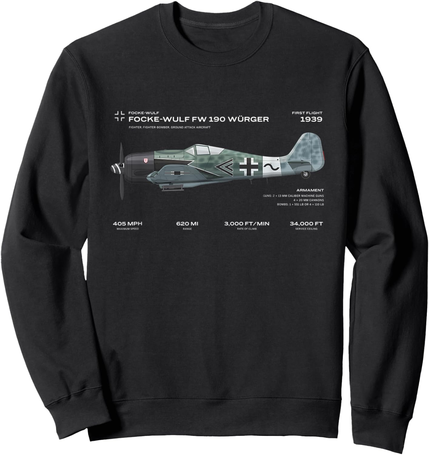 Focke Wulf Fw 190 WWII Airplane Historic War Bird Fighter Sweatshirt - Sweatshirt | Black