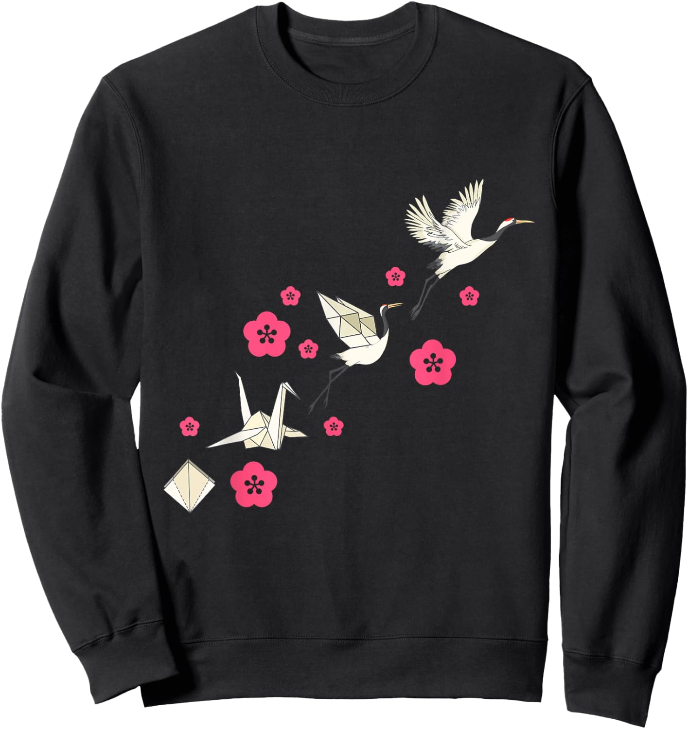 Common Crane Flowers Origami Bird Lover Nature Cute Birdie Sweatshirt - Sweatshirt | Black