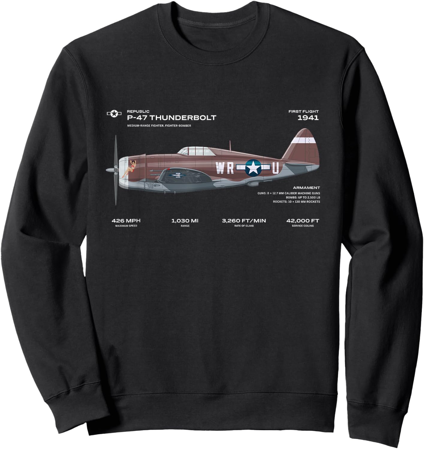 P-47 Thunderbolt US WWII Airplane Historic War Bird Fighter Sweatshirt - Sweatshirt | Black