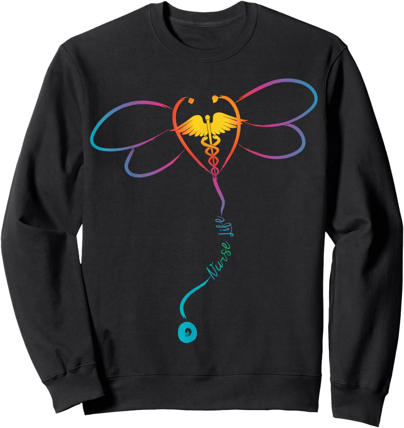 Nurse Life RN Colorful Dragonfly Stethoscope Sweatshirt - Sweatshirt | Black