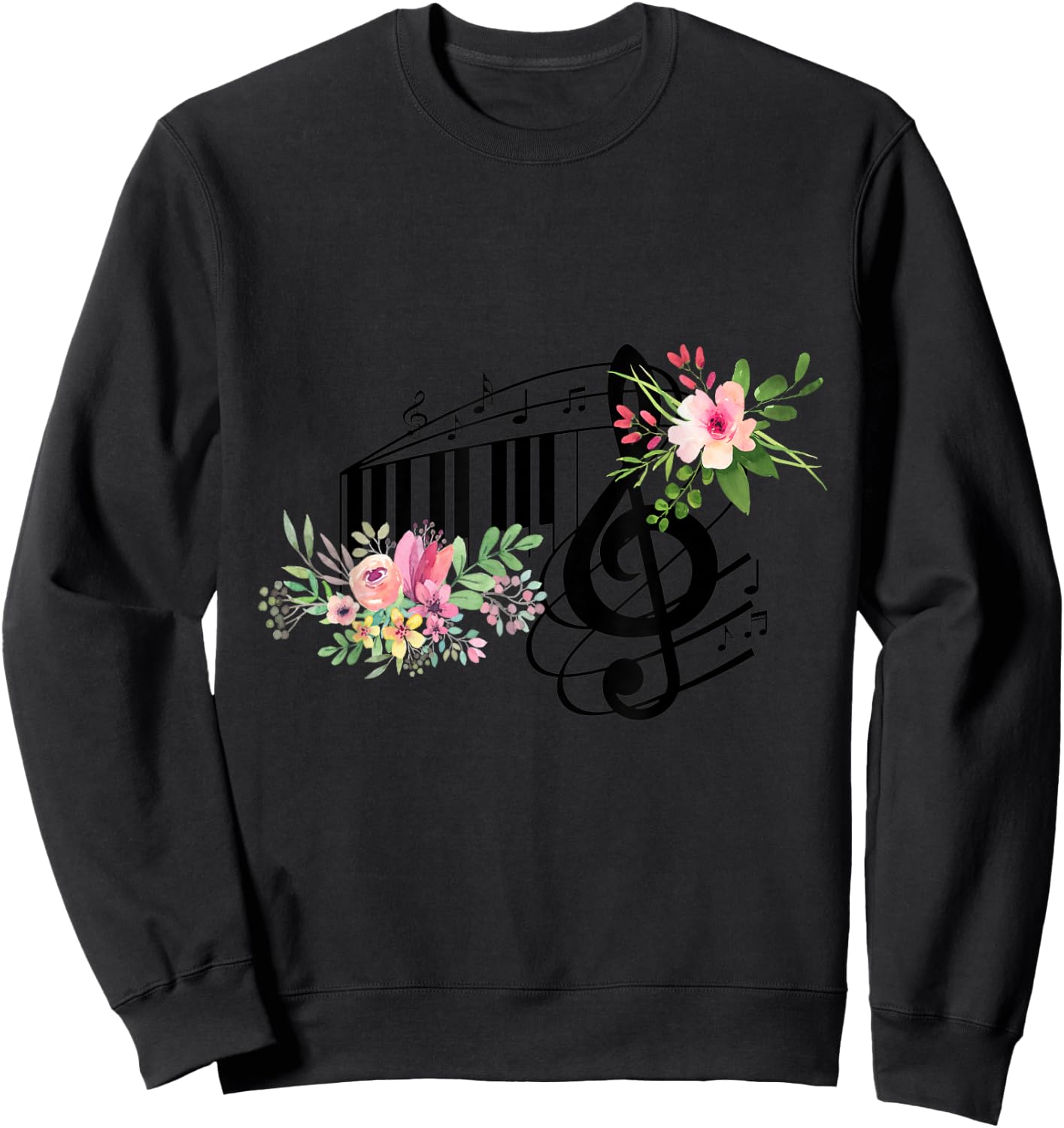 Cut Music Teacher Shirt with a Piano Keys, Notes and Flowers Sweatshirt - Sweatshirt | Black