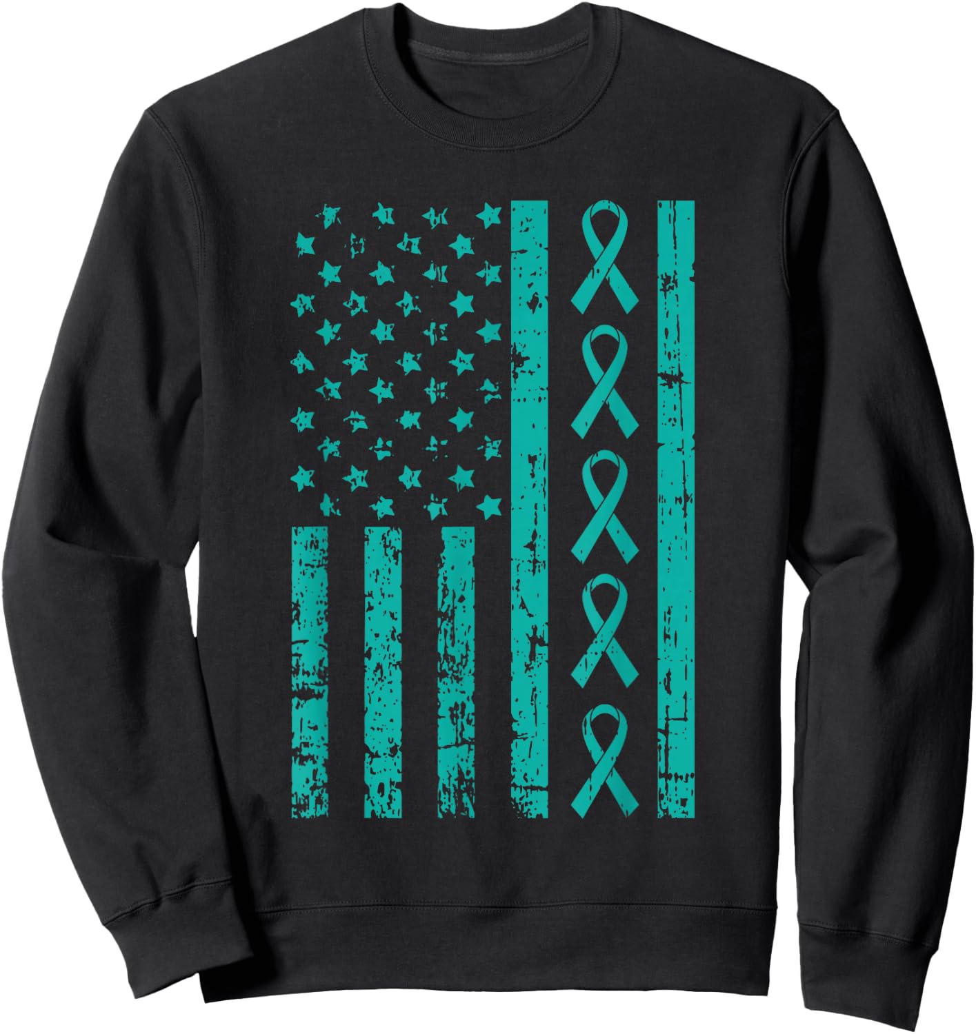 American Flag Teal Ribbon Cool Ovarian Cancer Awareness Gift Sweatshirt - Sweatshirt | Black
