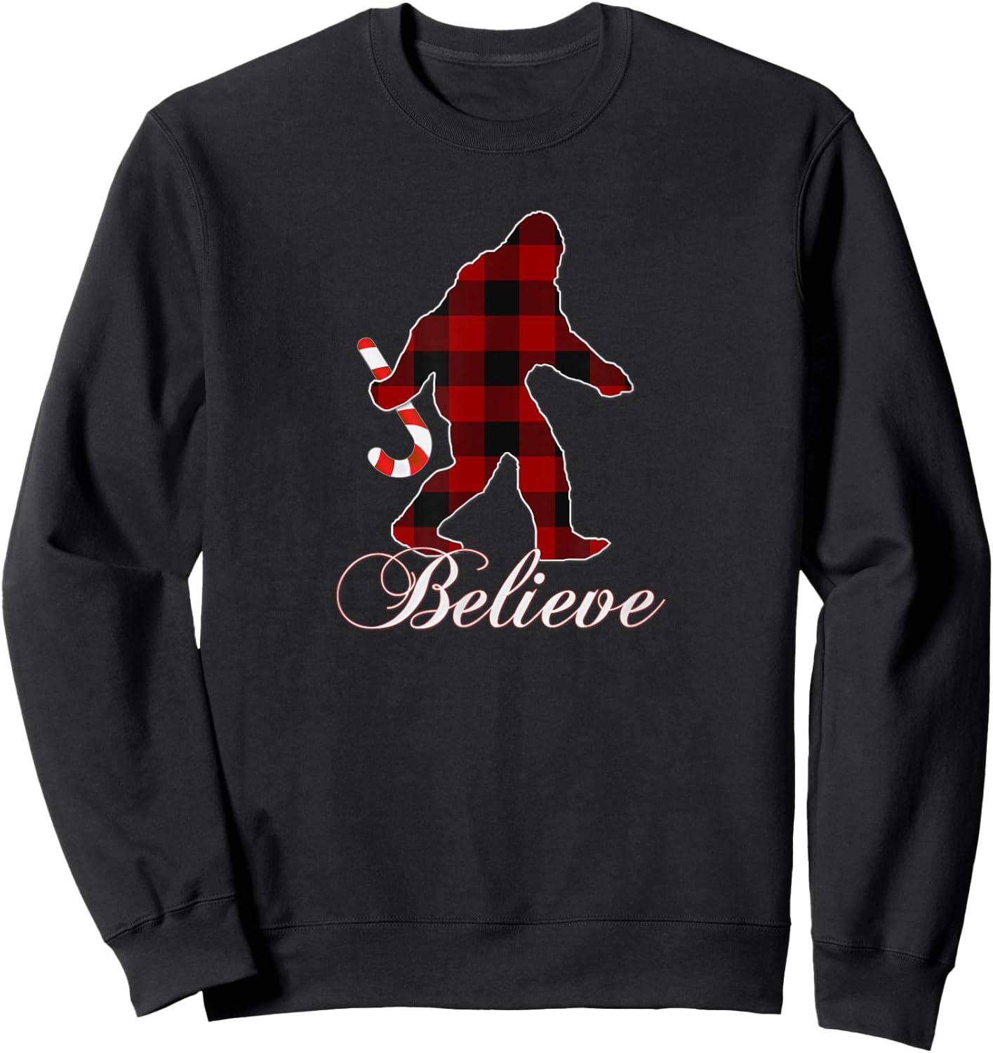 Bigfoot Buffalo Plaid Believe Candy Cane Christmas Pajamas Sweatshirt - Sweatshirt | Black