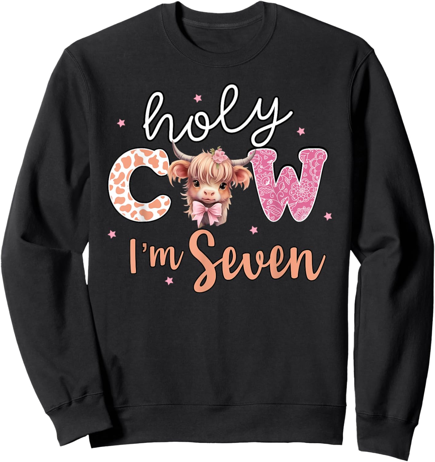 7th Birthday Shirt For Girls 7 Year Old Highland Cow Print Sweatshirt - Sweatshirt | Black