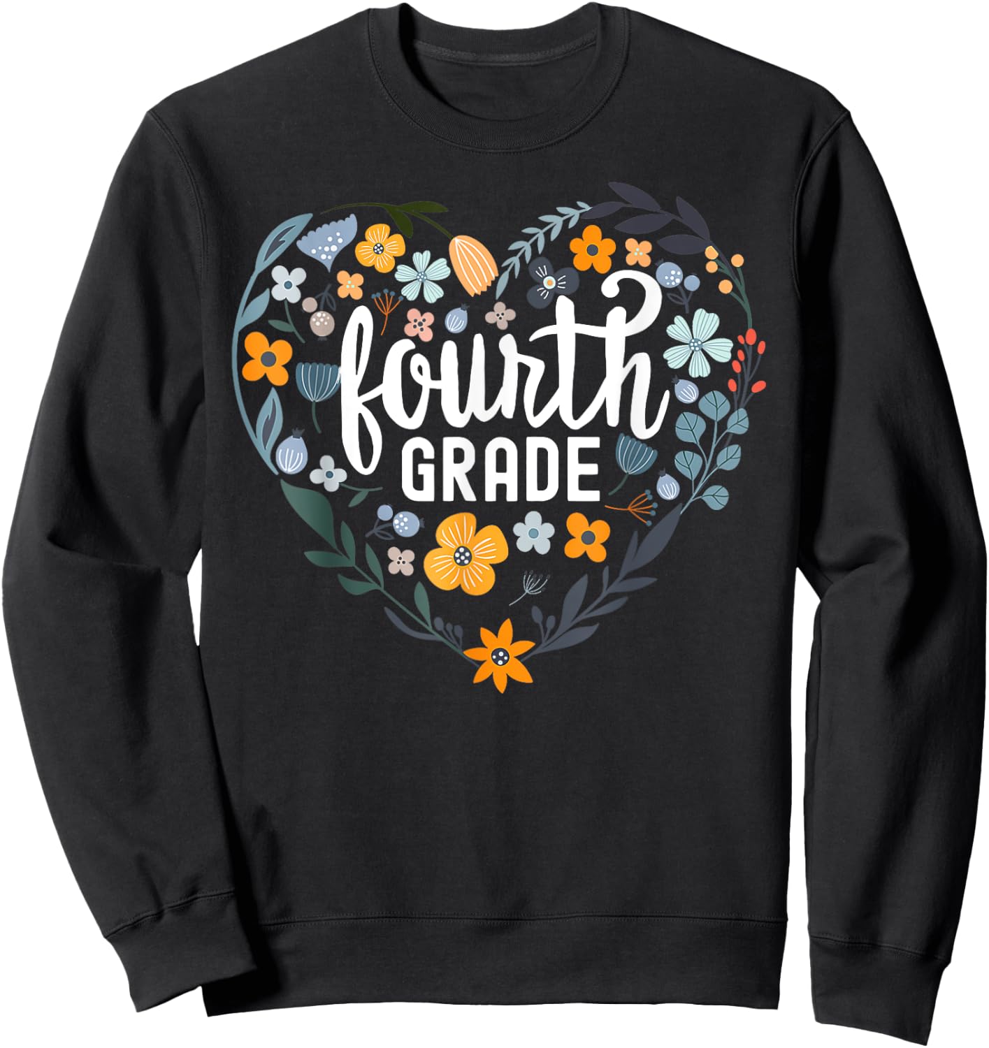 Fourth 4th Grade Floral Heart Back To School Wildflower Girl Sweatshirt - Sweatshirt | Black