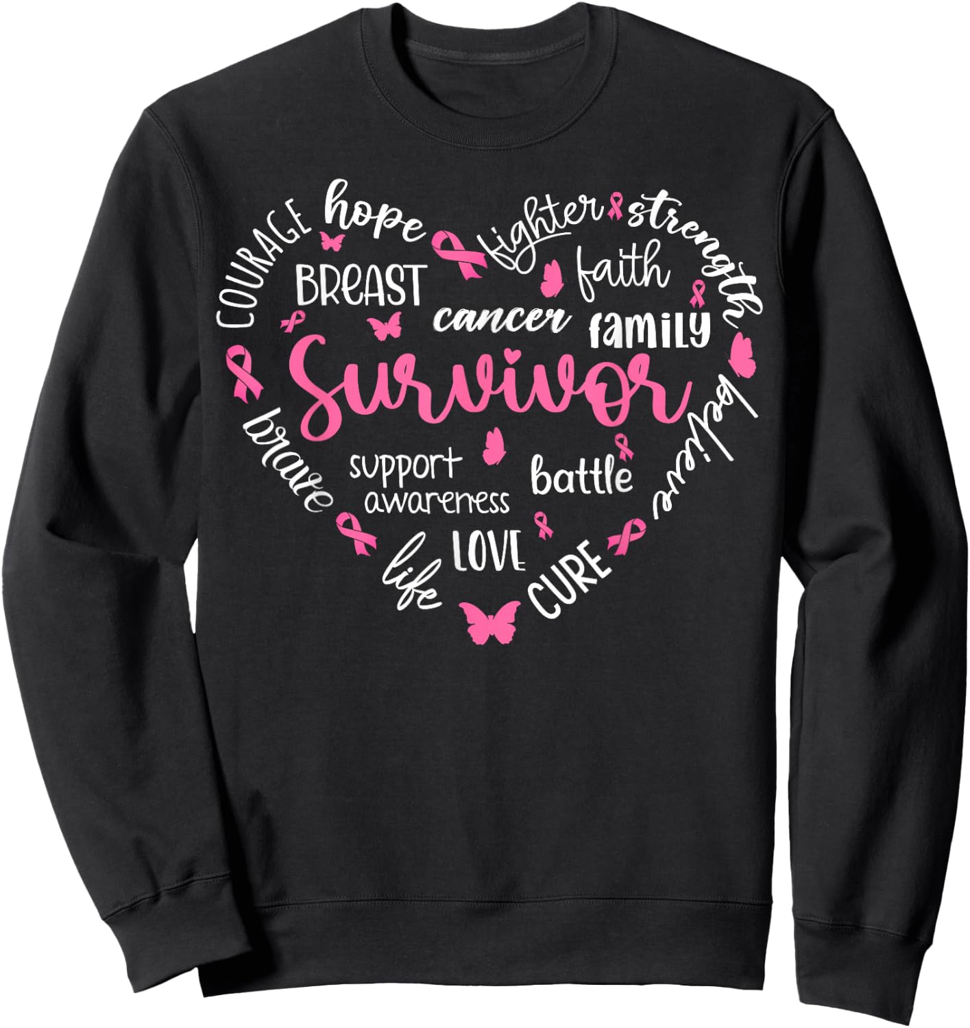 Pink Ribbon Heart Breast Cancer Awareness Survivor Warrior Sweatshirt - Sweatshirt | Black