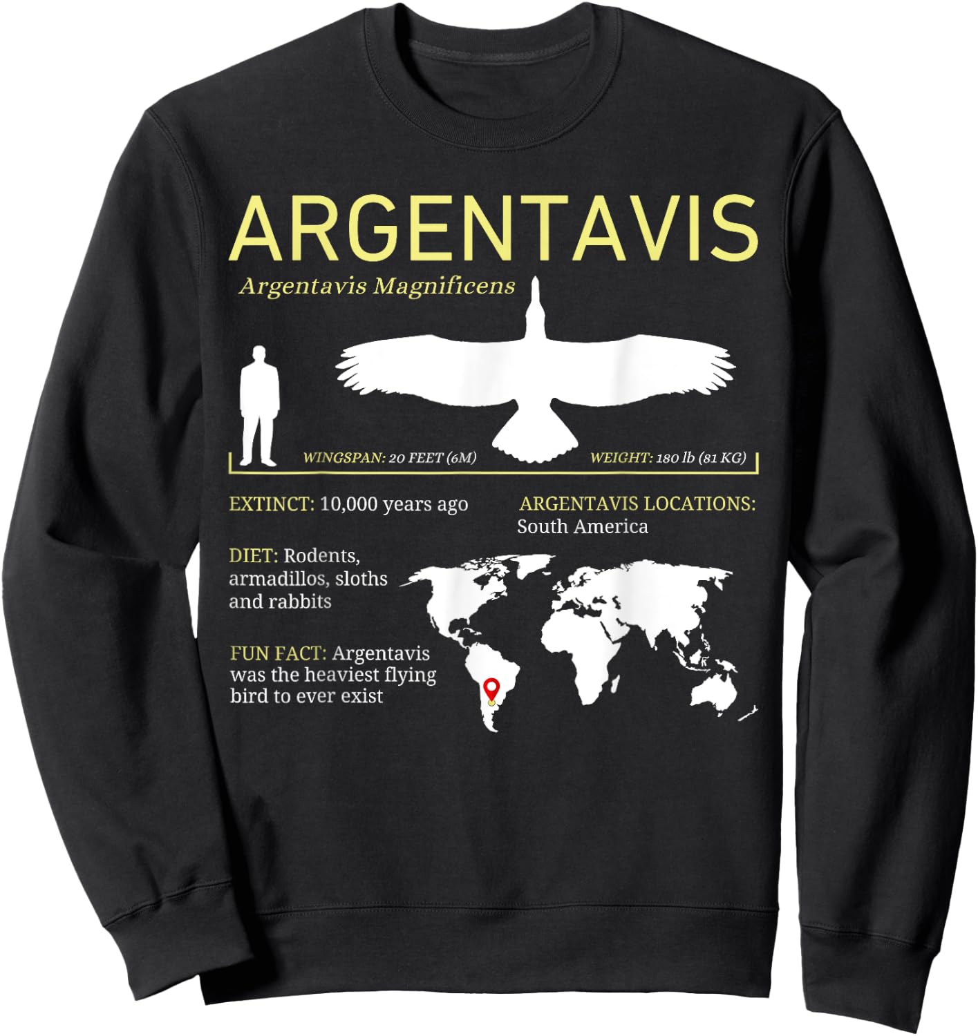 Argentavis Extinct Prehistoric Giant Flying Bird Sweatshirt - Sweatshirt | Black