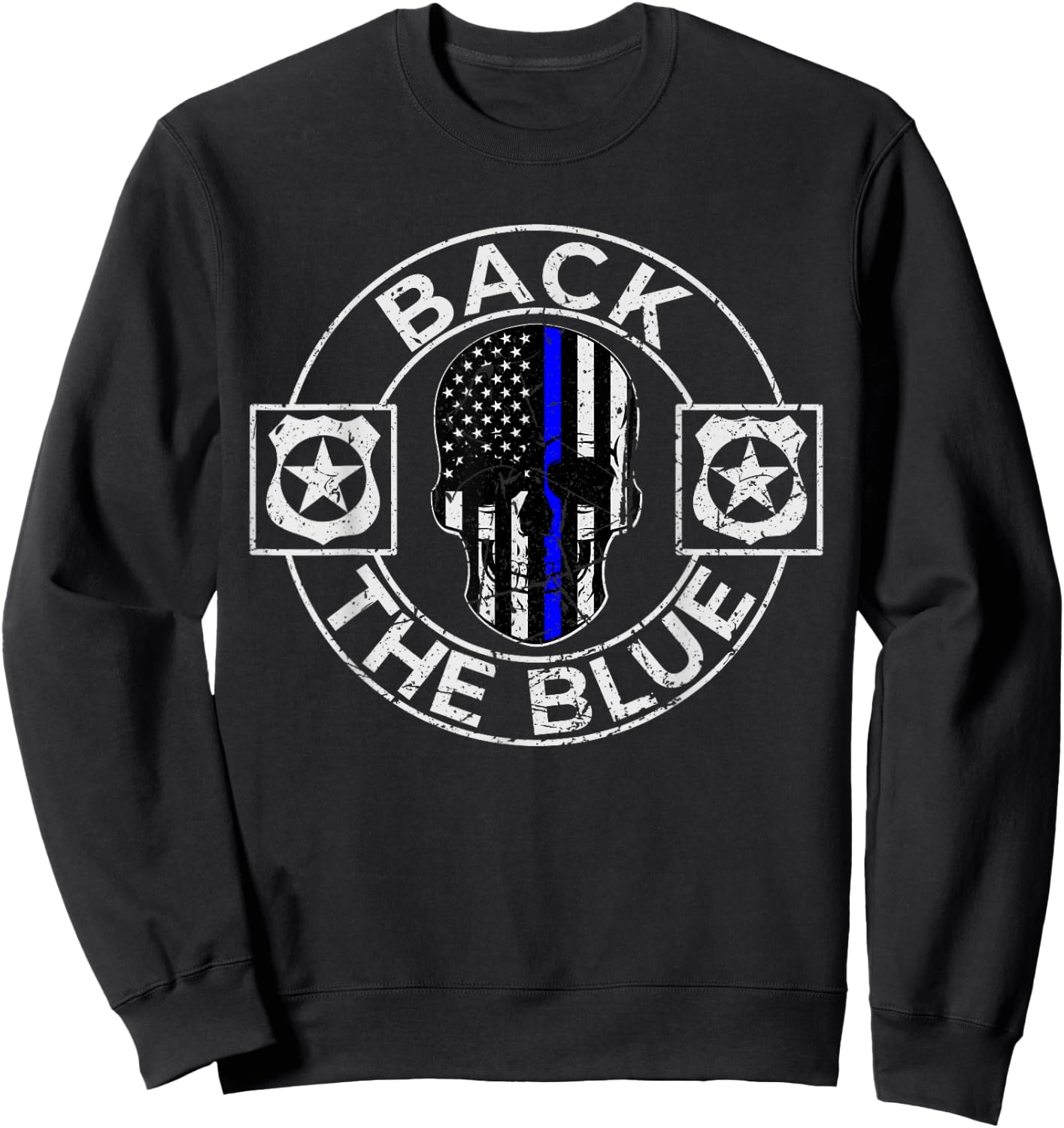 Back The Blue Thin Line Distressed American Flag Skull Sweatshirt - Sweatshirt | Black