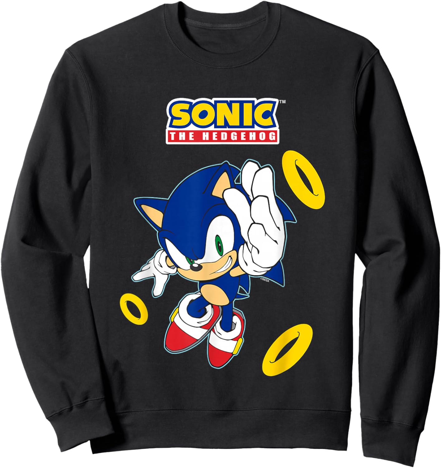 Sonic The Hedgehog In A Hurry Golden Rings Cool Shot Sweatshirt - Sweatshirt | Black