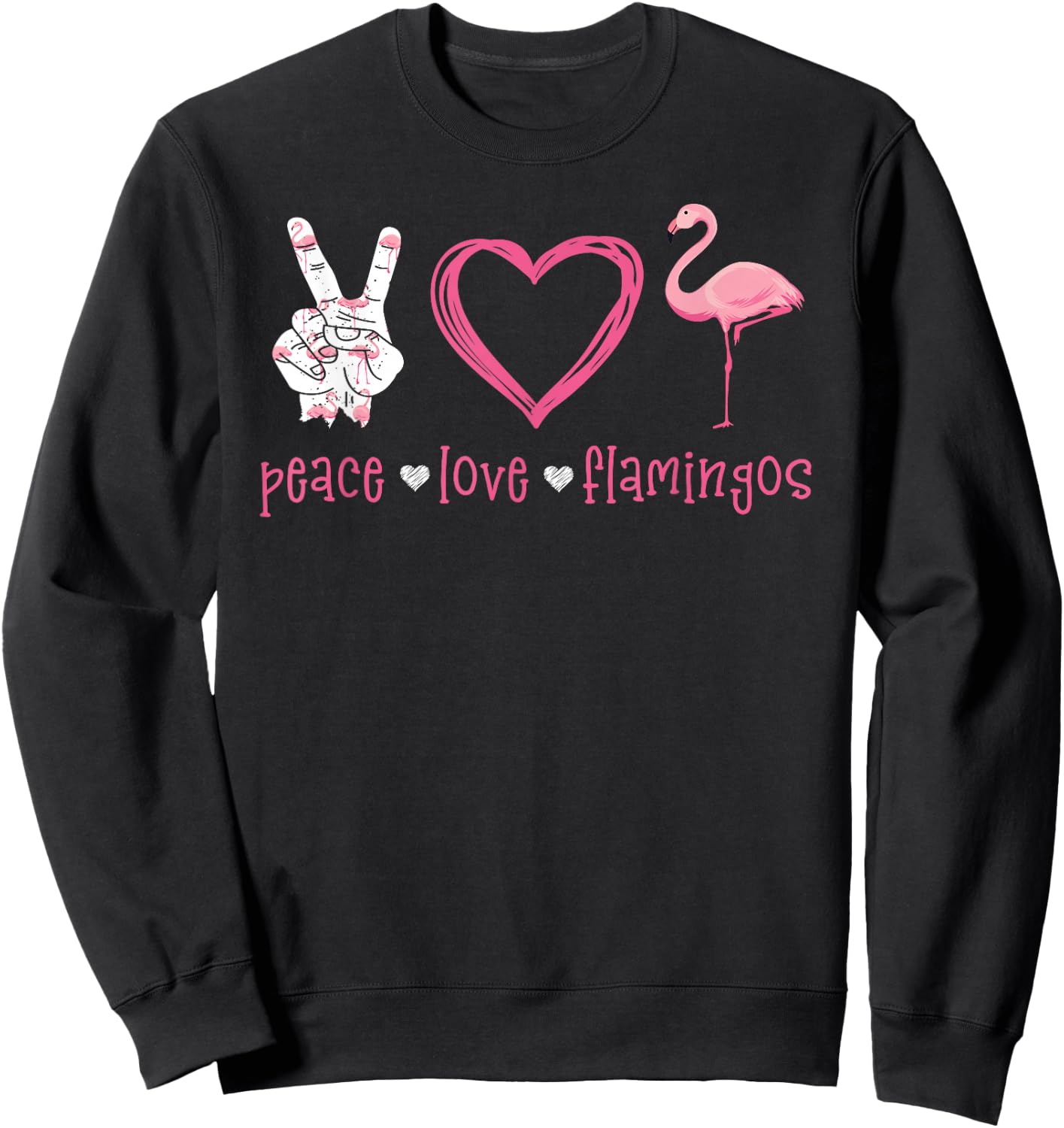 Peace Love Flamingo Hand Sign Heart Flamingo Lovers Sweatshirt - Sweatshirt | Black