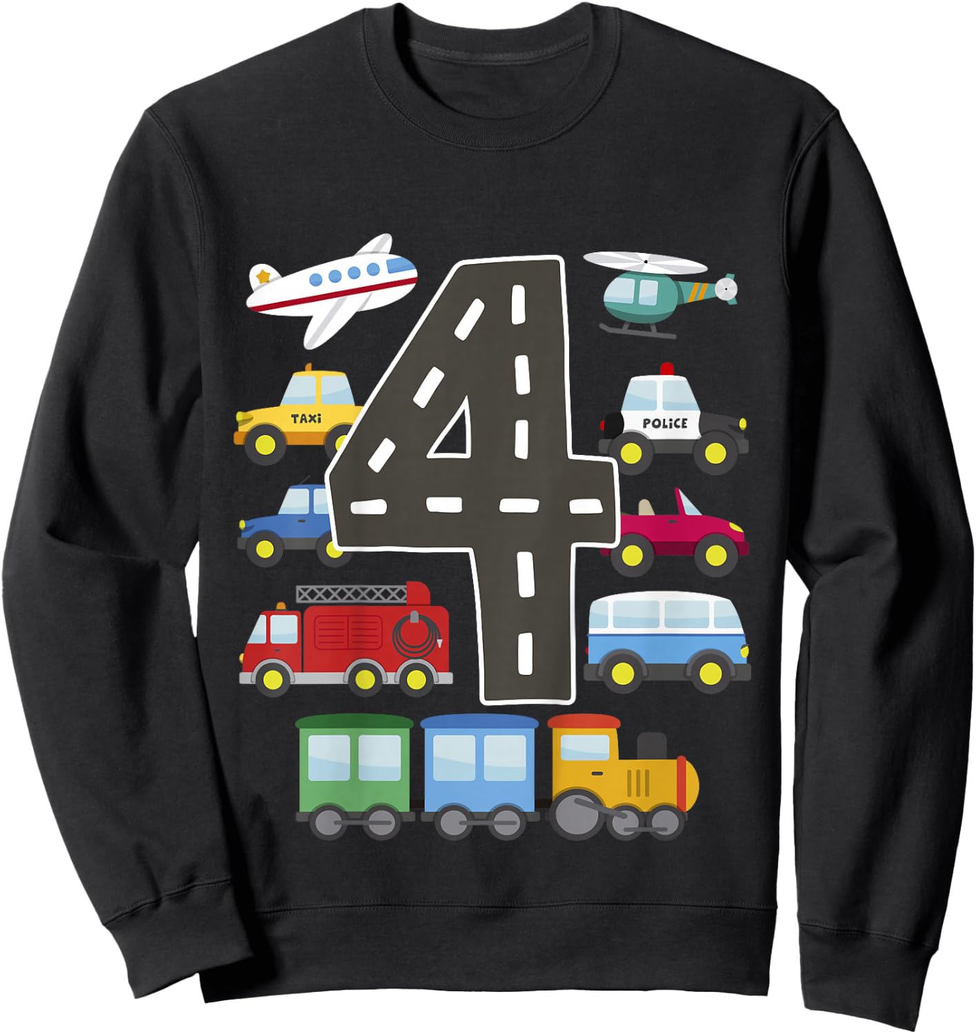 4 Year Old Transportation Birthday Car Train Plane 4th Gift Sweatshirt - Sweatshirt | Black
