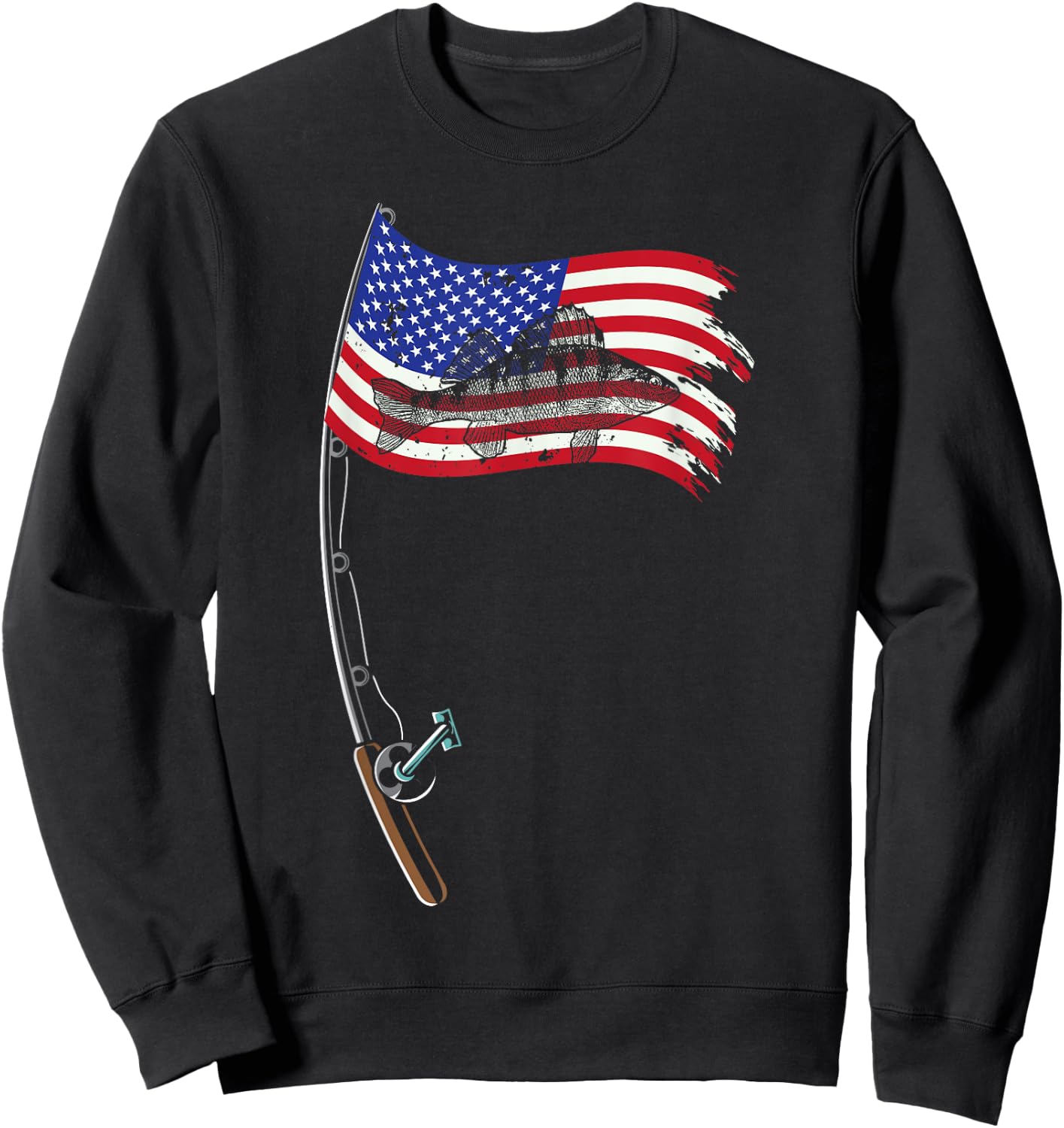 American Flag Fishing Gift Pole Walleye Fisherman Cool Fish Sweatshirt - Sweatshirt | Black
