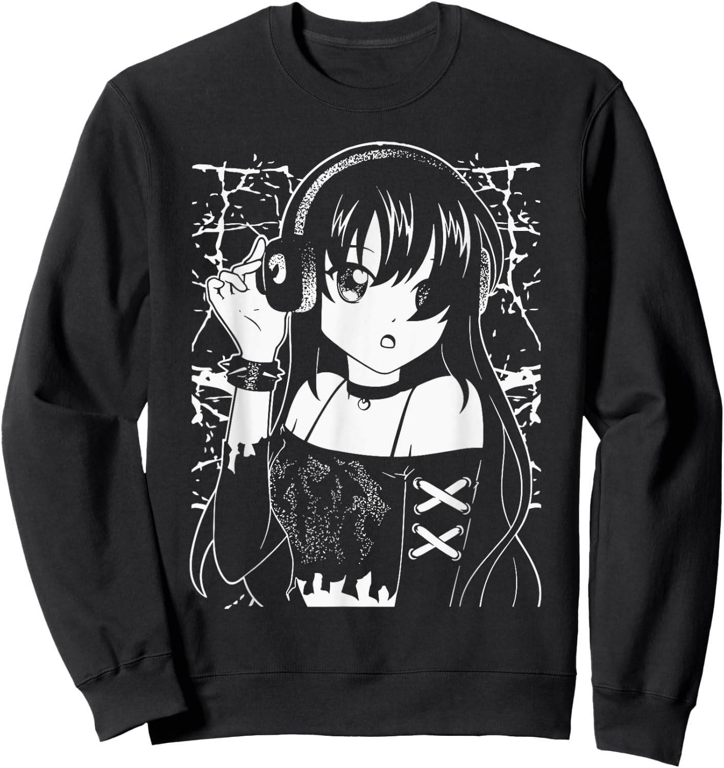 Anime Music Enthusiast Anime Girl with Headphones Gothic Sweatshirt - Sweatshirt | Black