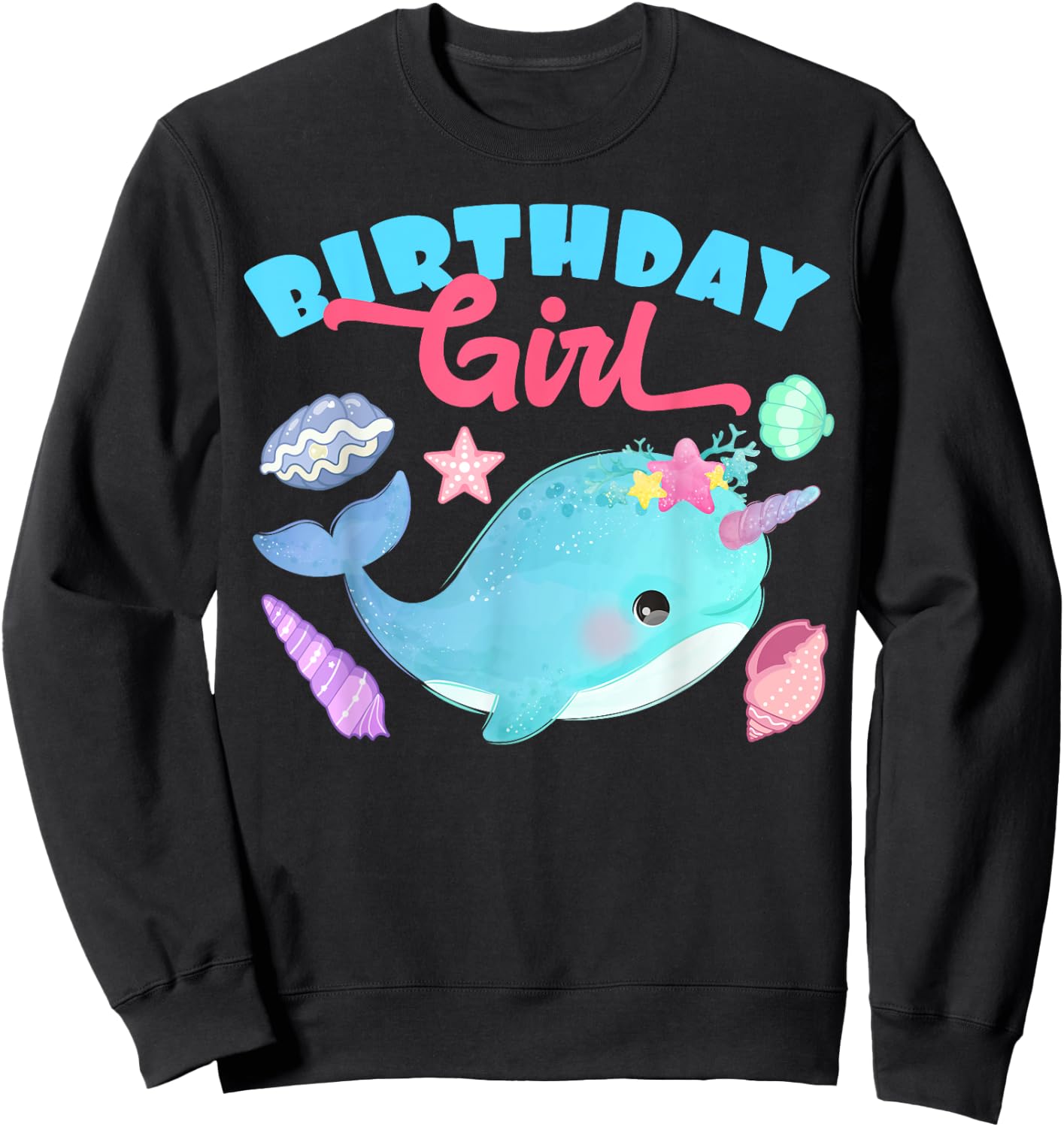 Birthday Girl CAke Candle Narwhale Animals Fish Top Narwhal Sweatshirt - Sweatshirt | Black