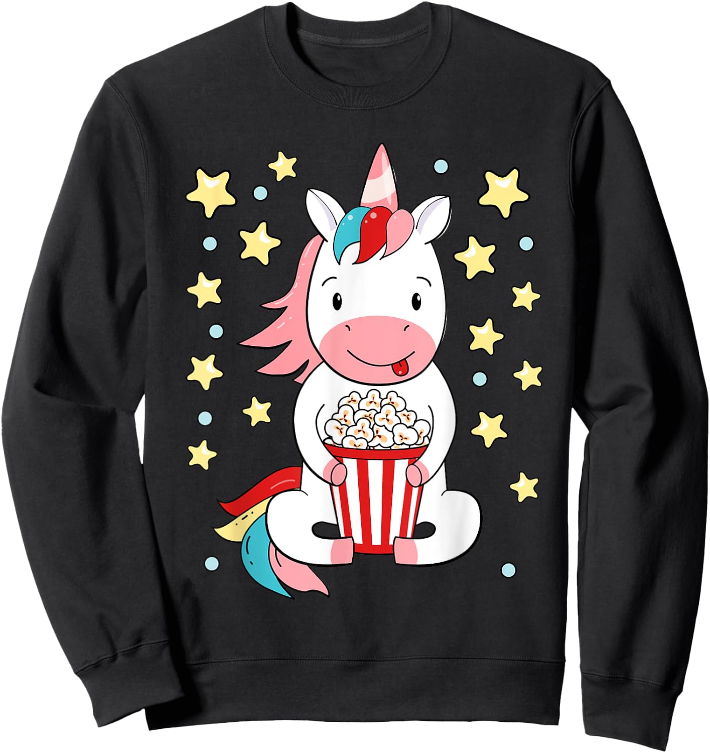 Kawaii Unicorn Popcorn For Movie Enthusiasts, Movie Night Sweatshirt - Sweatshirt | Black