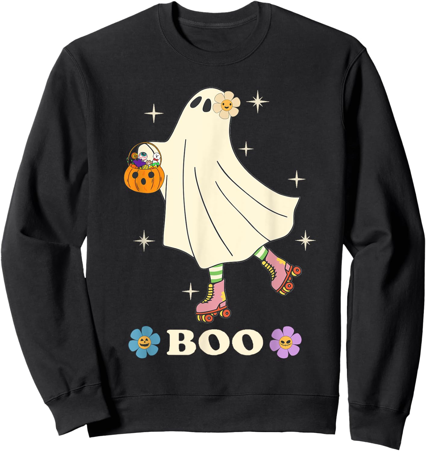 Boo Roller Skating Hippie Ghost Love Roller Skate Halloween Sweatshirt - Sweatshirt | Black