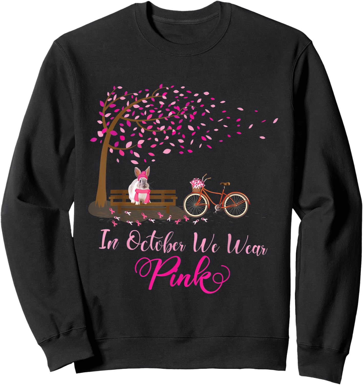 In October We Wear Pink Rabbit Fall Leaves Breast Cancer Sweatshirt - Sweatshirt | Black