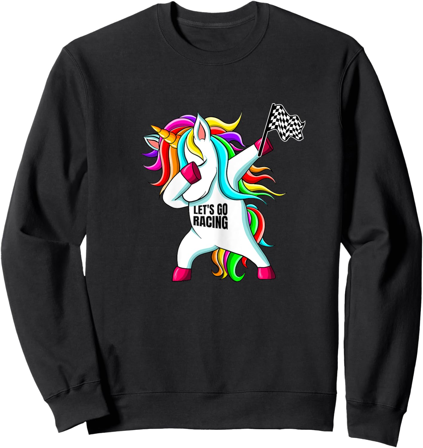 Race Car Racing Dabbing Unicorn Checkered Flag Sweatshirt - Sweatshirt | Black
