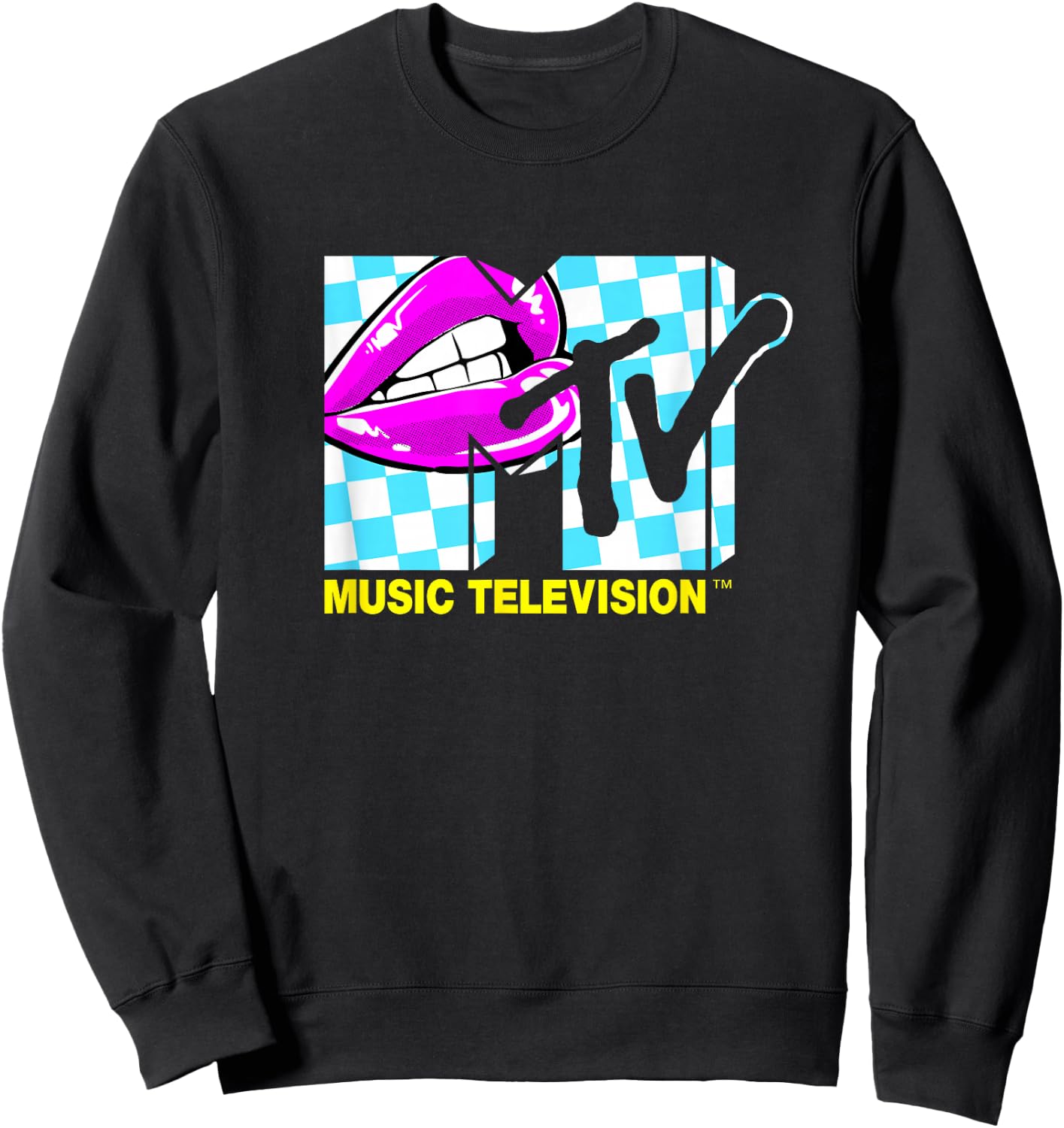 Mademark x MTV - Retro 1980s Pink Lips Checkered Kiss Sweatshirt - Sweatshirt | Black