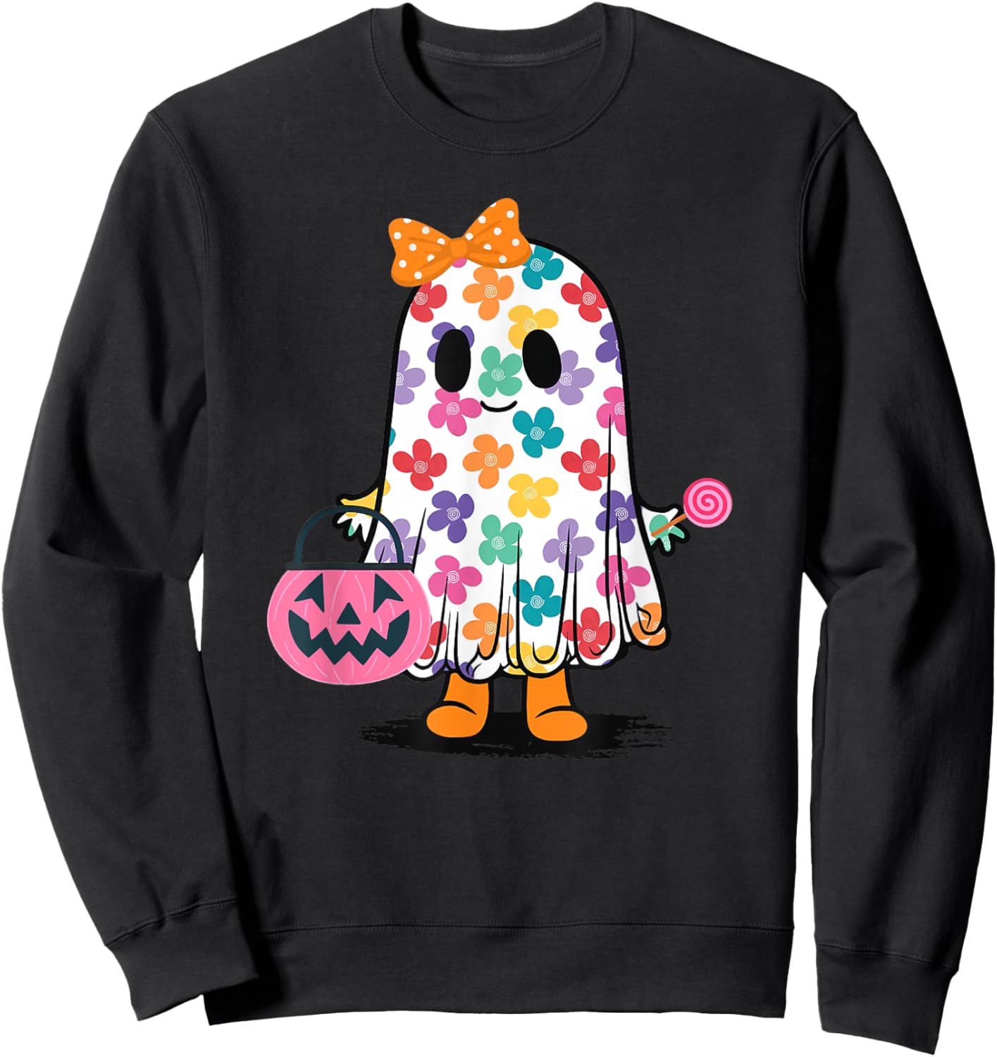Cute Girly Ghost Flower Spooky Season Sweatshirt - Sweatshirt | Black