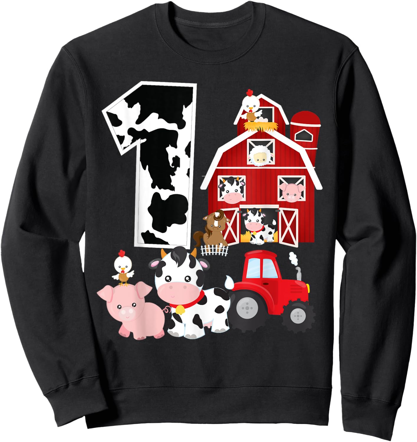 Farm Barnyard Theme Pig Cow Horse 1st Birthday 1 Yrs Old Sweatshirt - Sweatshirt | Black