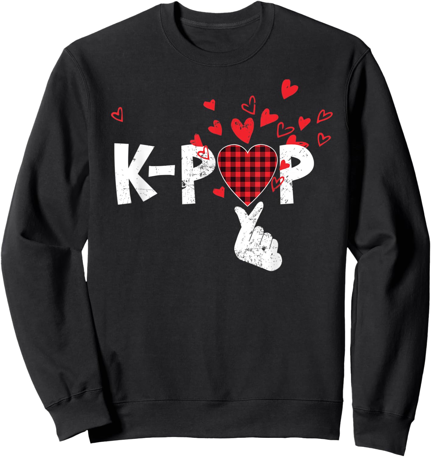 Cute K-Pop Lovers Korean Love Sign Red Buffalo Plaid Pajama Sweatshirt - Sweatshirt | Black