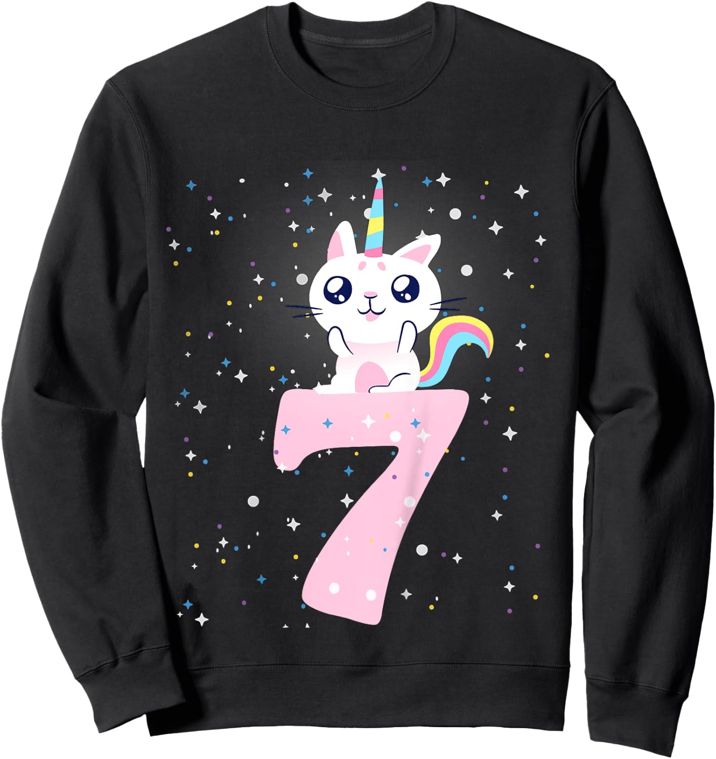 Kids 7th birthday girl outfit unicorn cat Sweatshirt - Sweatshirt | Black